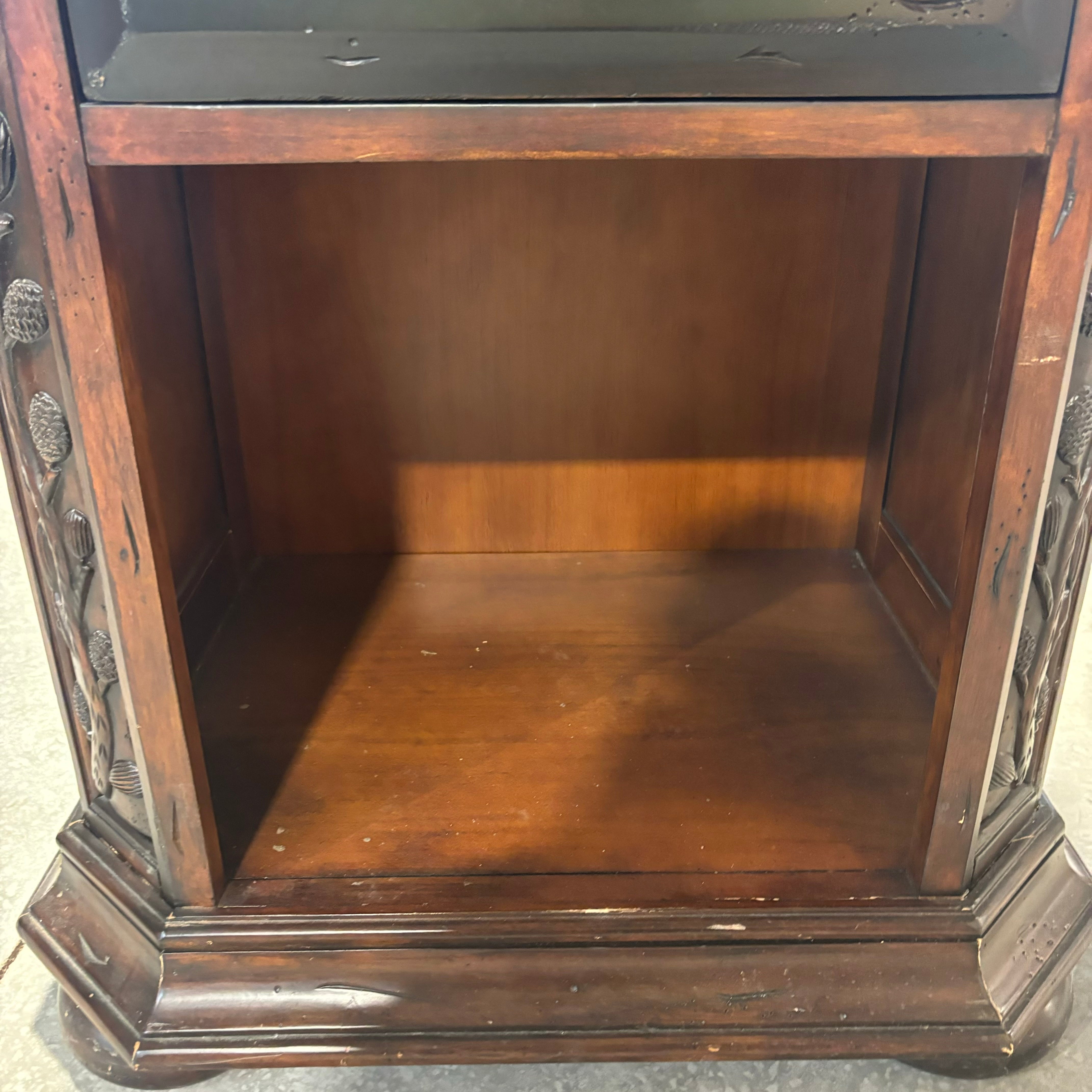 Shadow Mountain Carved Dark Finished Wood with Pine Cone Detail 1 Drawer Nightstand 27"x 19"x 29"