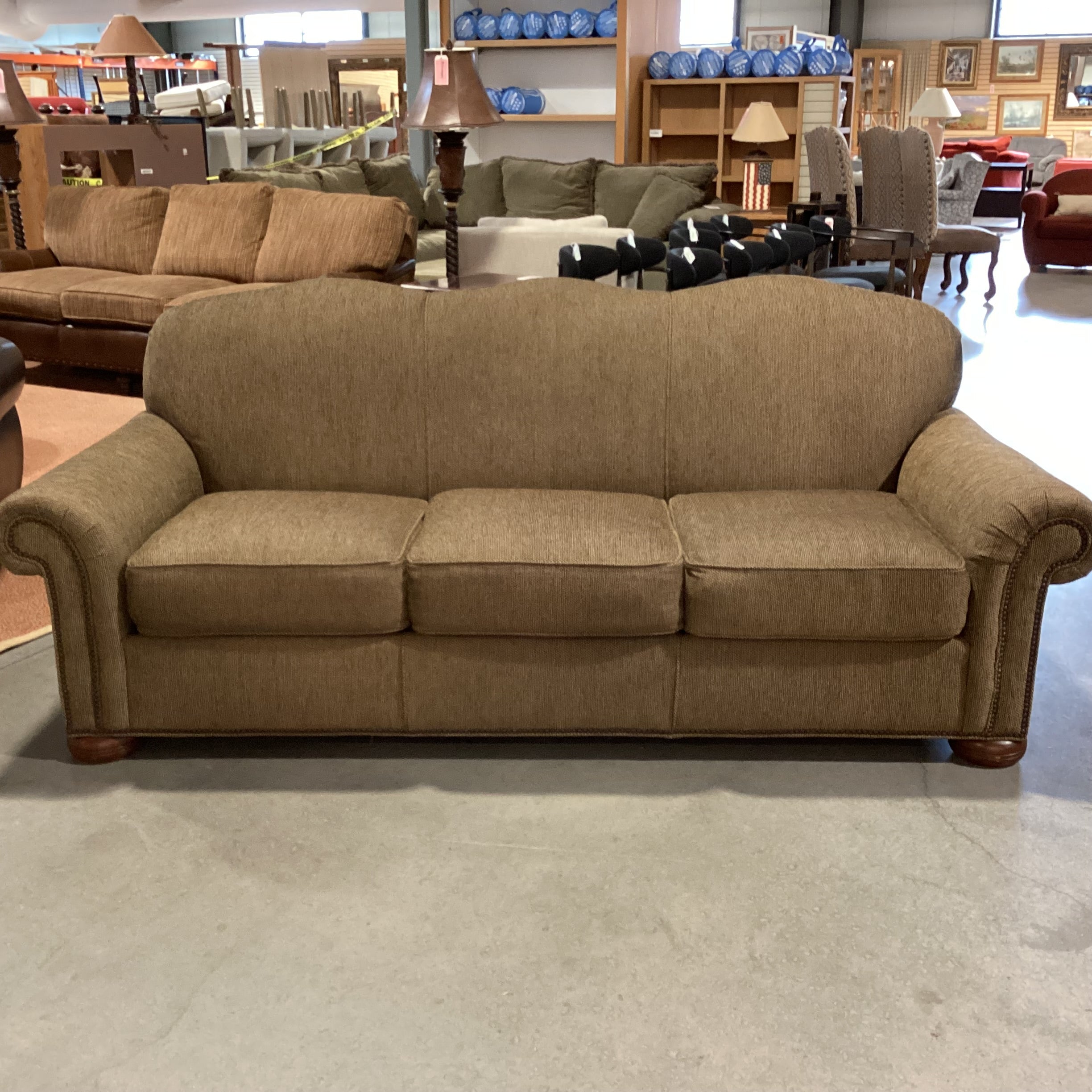 David Gilbert & Associates Brown Tan Woven Roll Arm Nailhead Sofa 87"x 38"x 36"