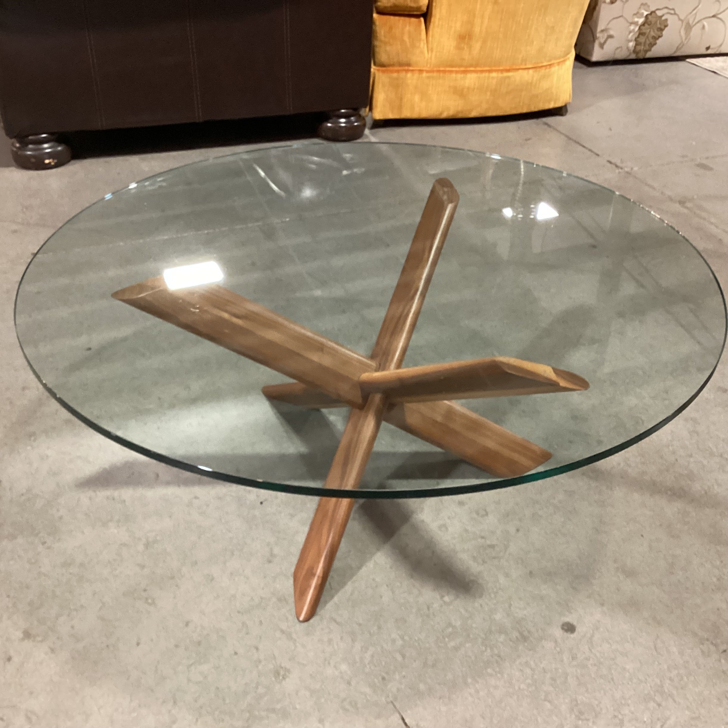 Mid Century Modern Style Walnut with Round Glass Coffee Table 36" Diameter x 15"