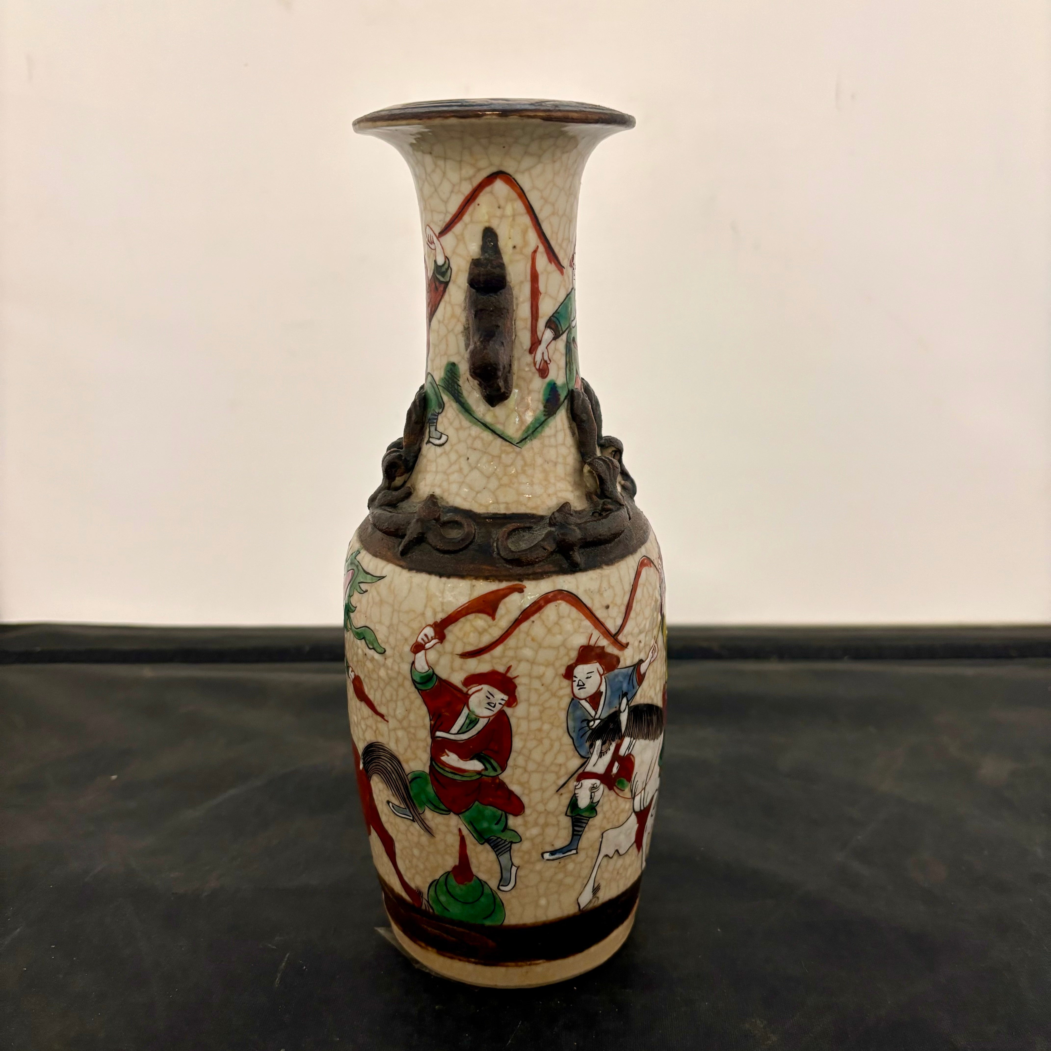 Antique Chinese Signed Famille Verte Vase with Figures and Faux Bronze Decoration 9.5"x 3.5"