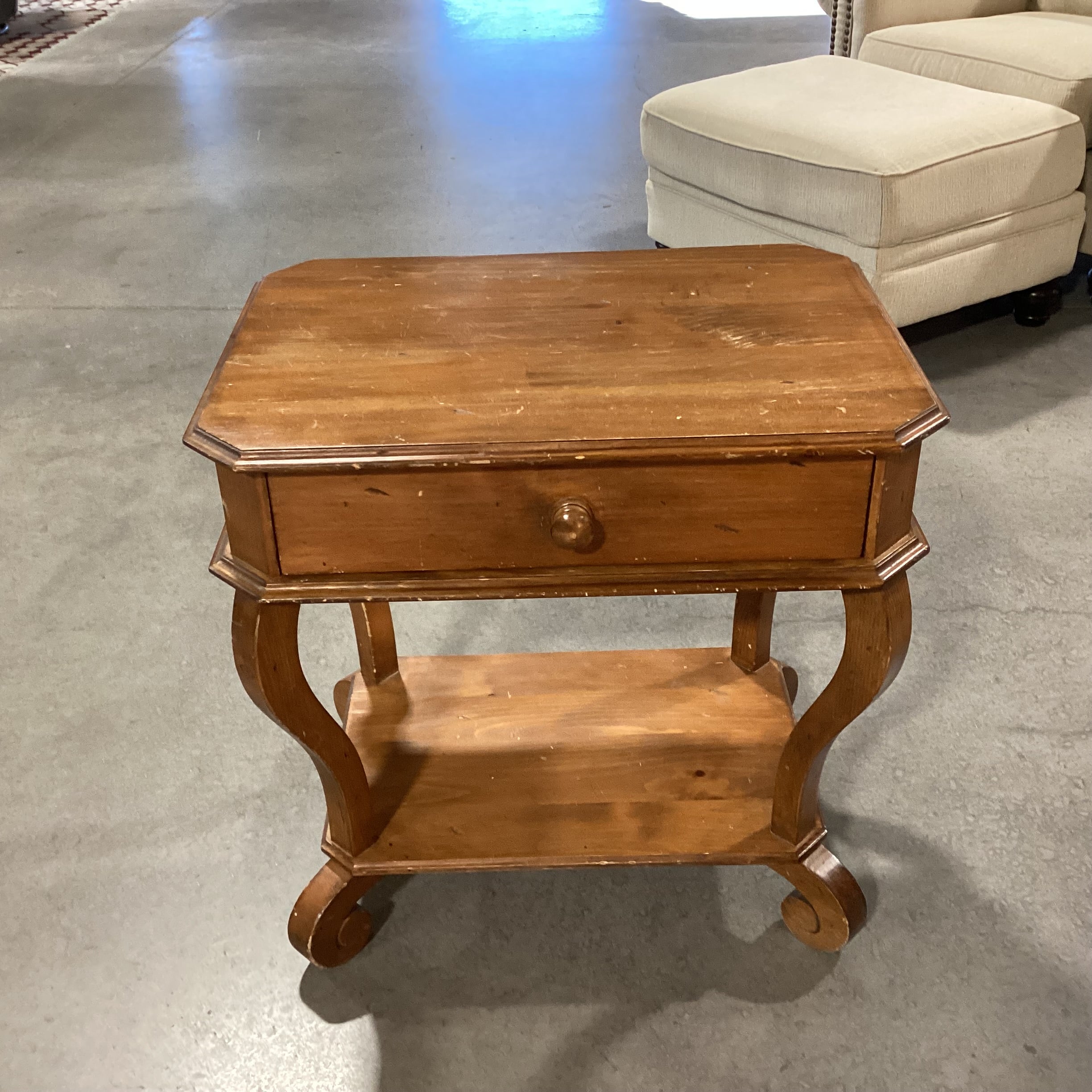 Carved Distressed Pine 1 Drawer End Table 26.5"x 19.5"x 26.5"