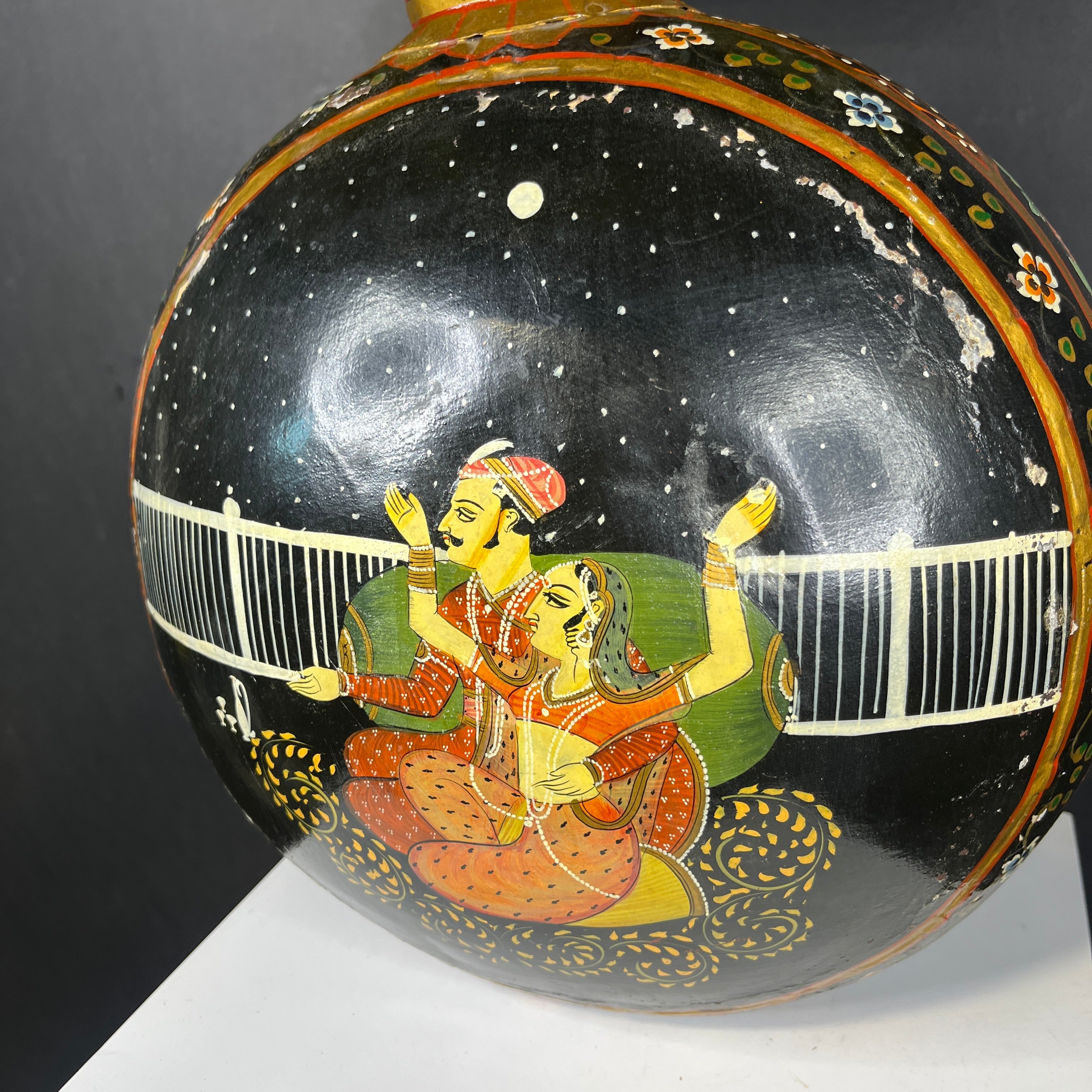 Vintage Double Sided Hand Painted Black and Gold Lovers Metal Vase with Shade Table Lamp 18” Diameter @ Shade x 25”