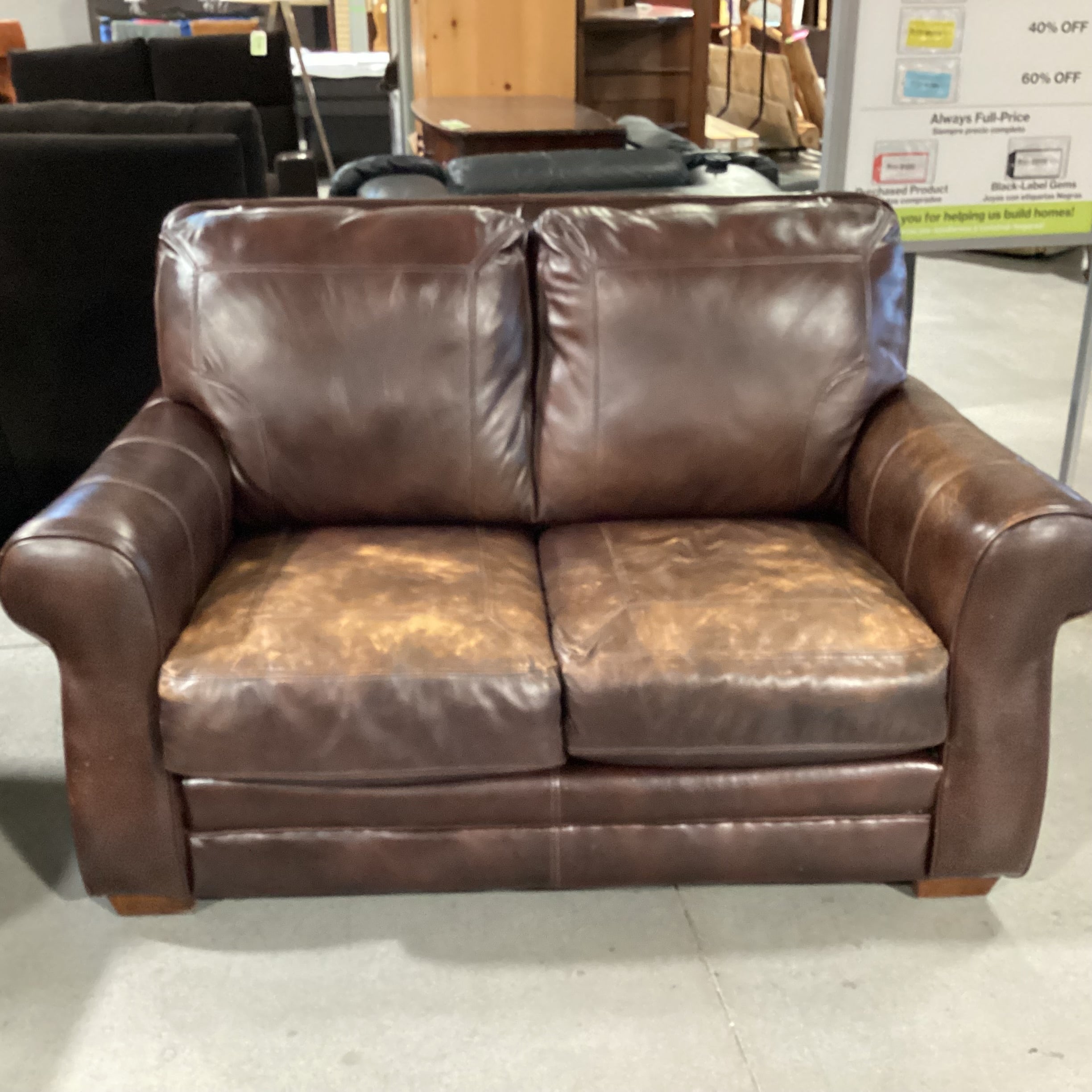 Brown Leather Loveseat Sofa 62"x 36"x 37"