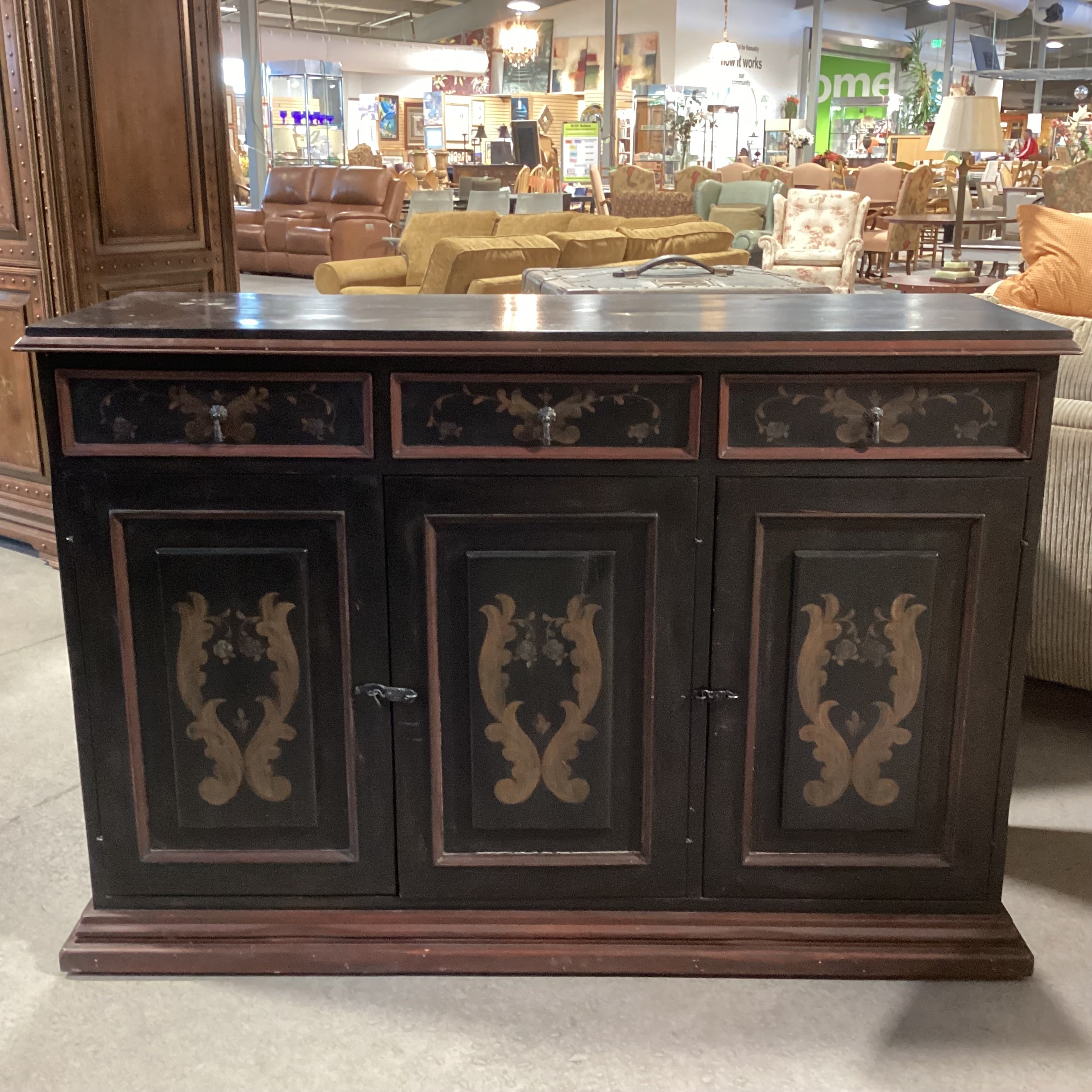 Black & Red Antiqued with Gold Ornate Painted Detail 3 Drawer 3 Door with Shelves Sideboard 60"x 21"x 41"