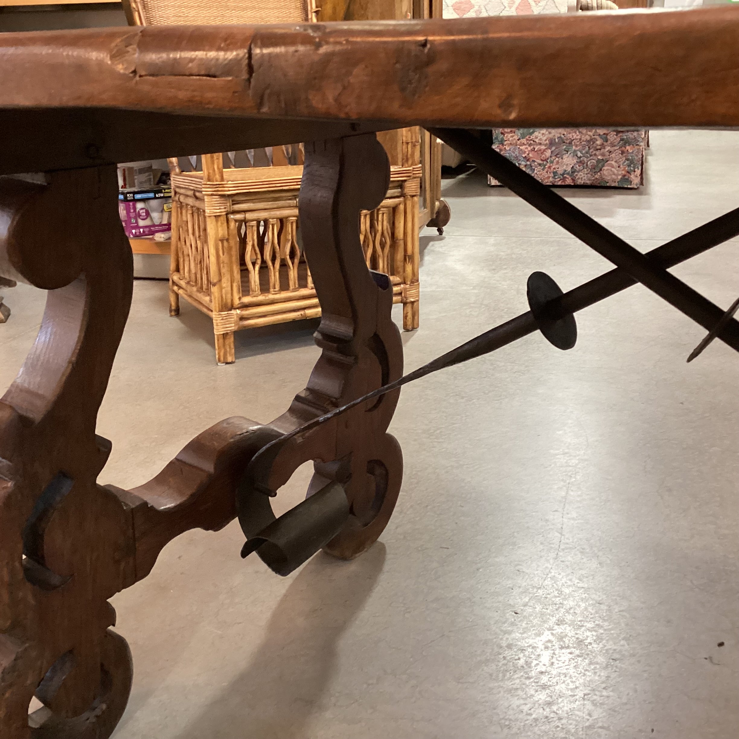 Vintage Antique Solid Wood Carved Side Legs & Iron Stetchers Trestle Accent Table 55"x 31"x 29"