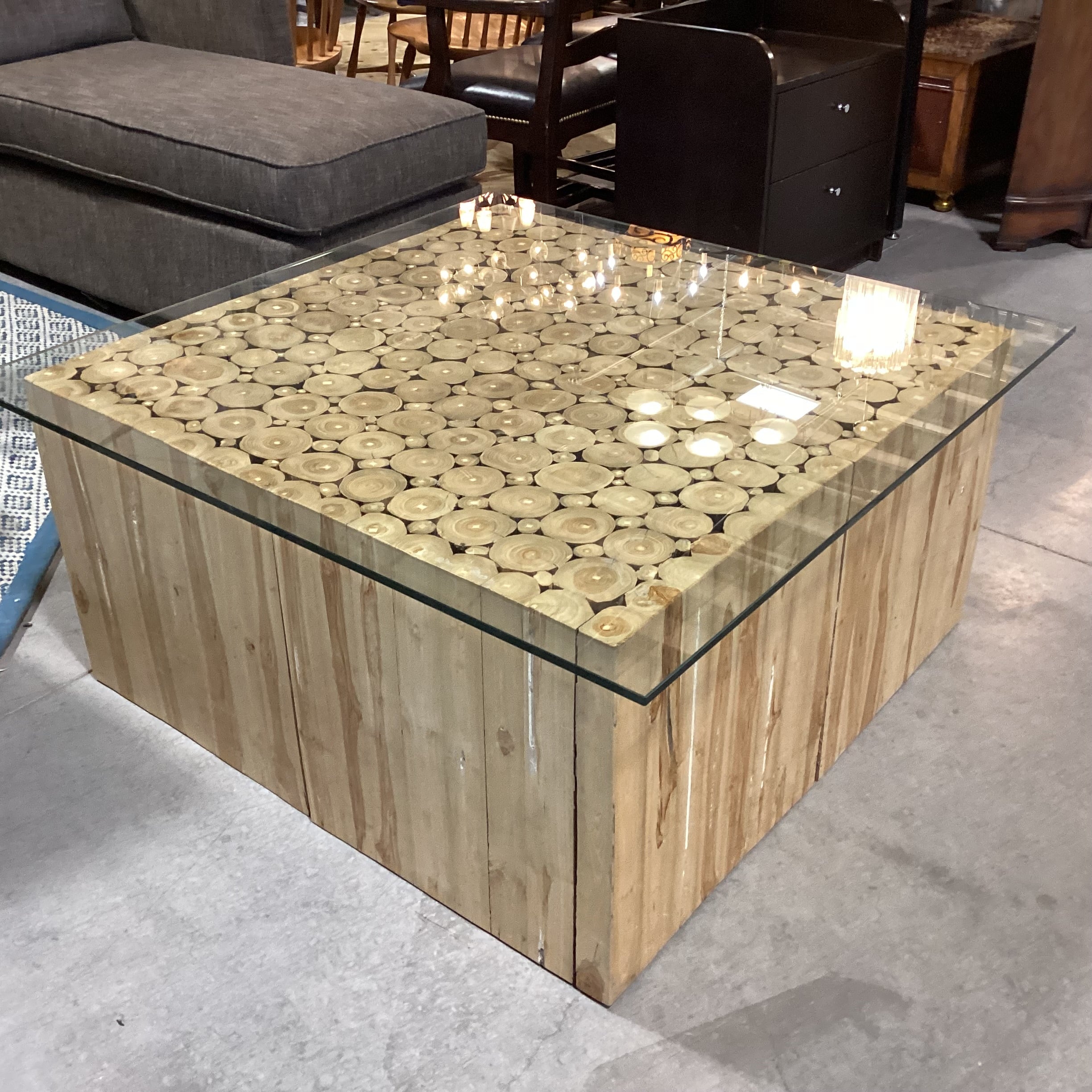 Modern Rustic Square Cut Branch Log And Glass Coffee Table 43.5"x 43.5"x 20.5"