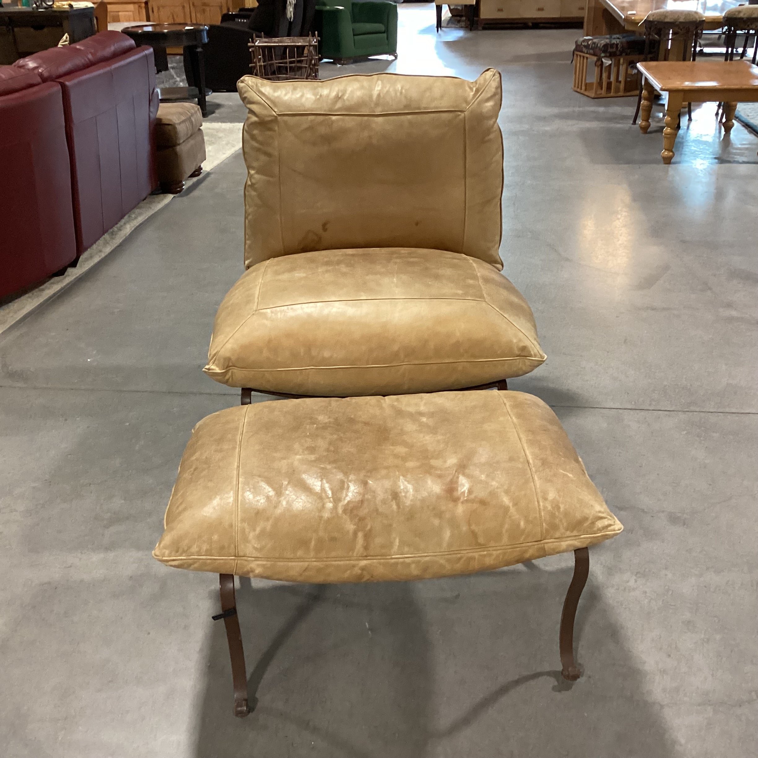 Blonde Leather & Down Cushions Iron Base with Ottoman Chair 34"x 42"x 38"