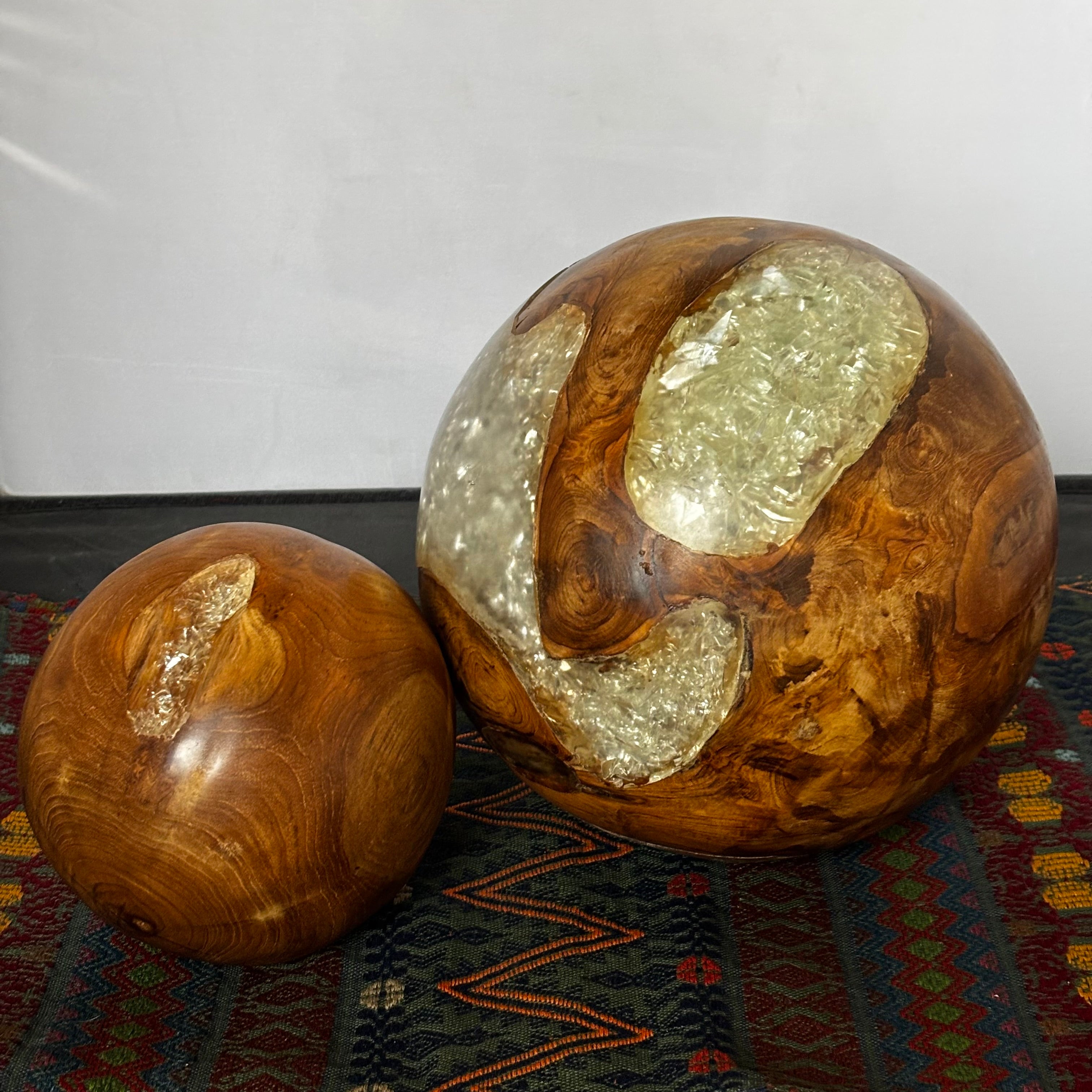 Set of 2 Decorative Teak Root Ball  with  Pearlescent Resin Sculptures, 6" and 9"