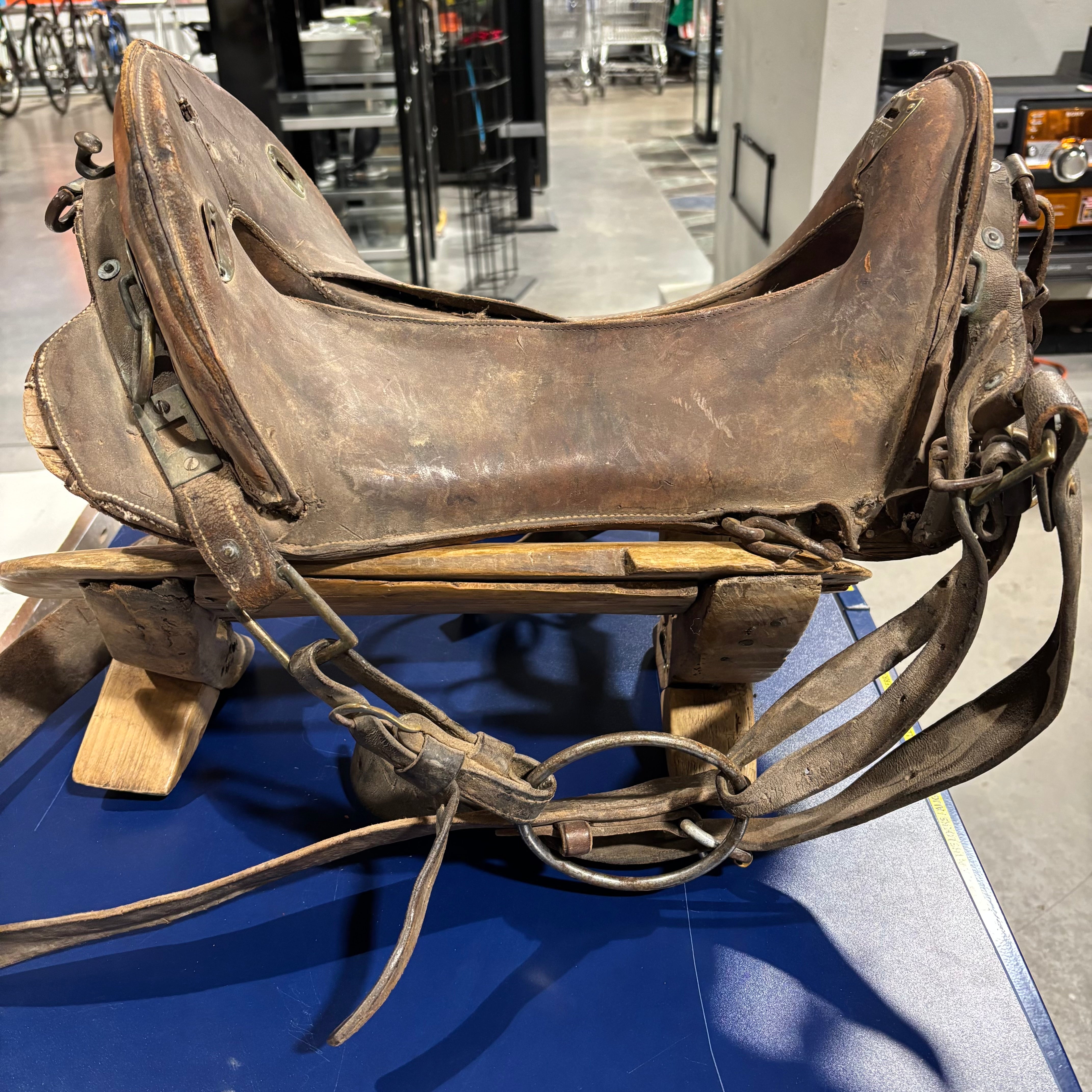 Antique WWI McClellan Saddle with Antique Wooden Saddle Stand or Pack Saddle