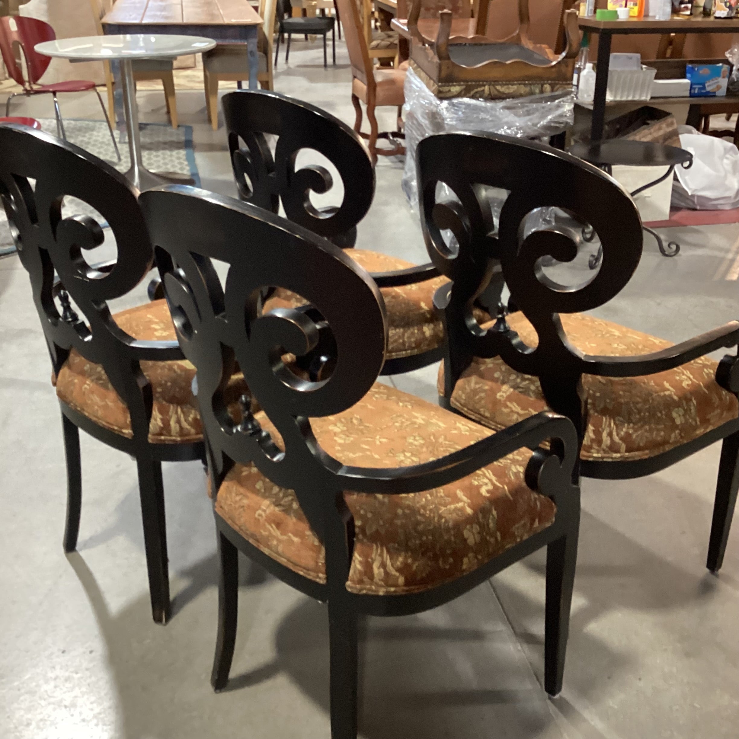 SET of 4 Vanguard Ornate Scroll Antiqued Black Wood & Brown Gold Animal Scene Upholstery Dining Chairs 23"x 23"x 40"
