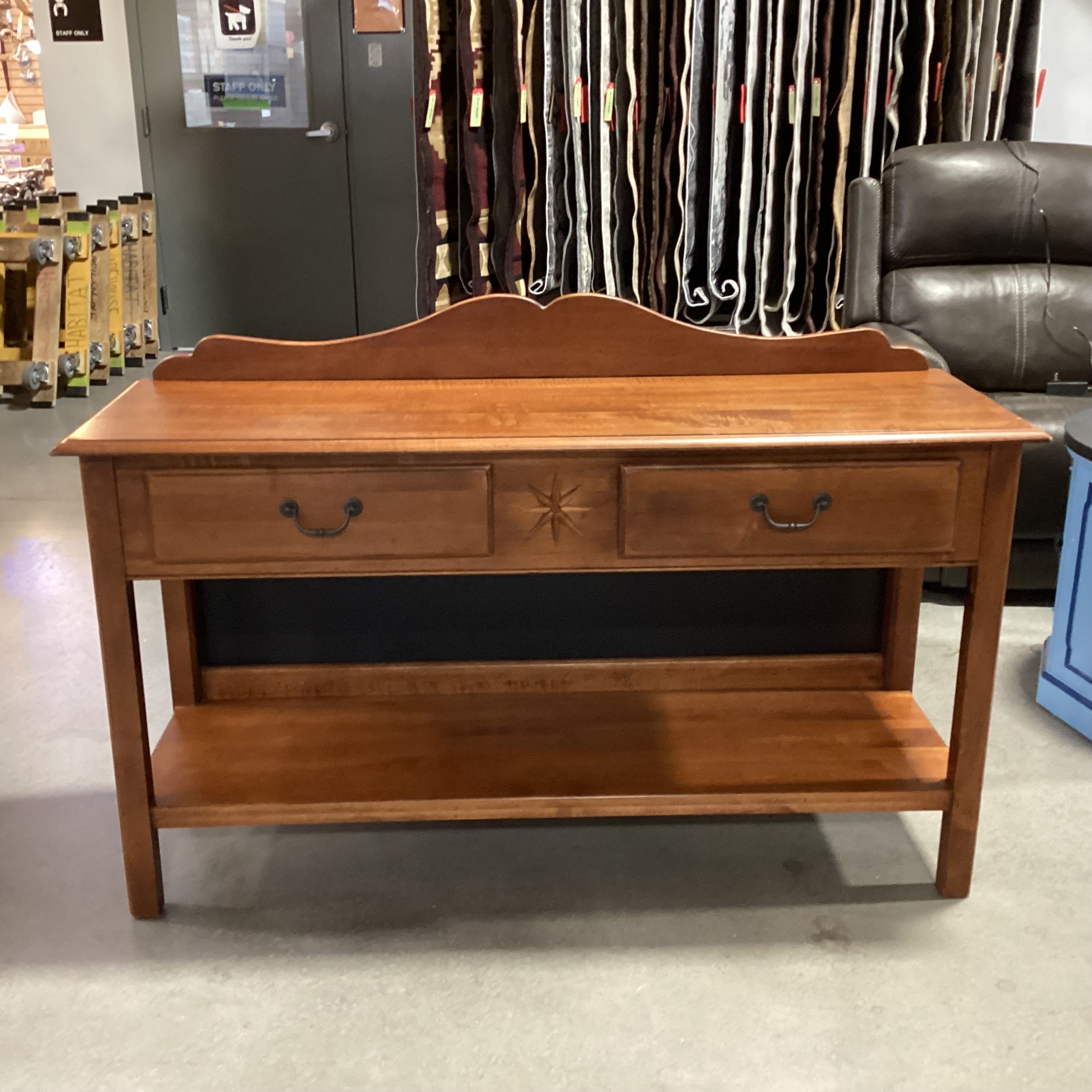 Ethan Allen Cherry Tone Finished Maple 2 Drawer with Bottom Shelf & Backsplash Sofa Table 54"x 17"