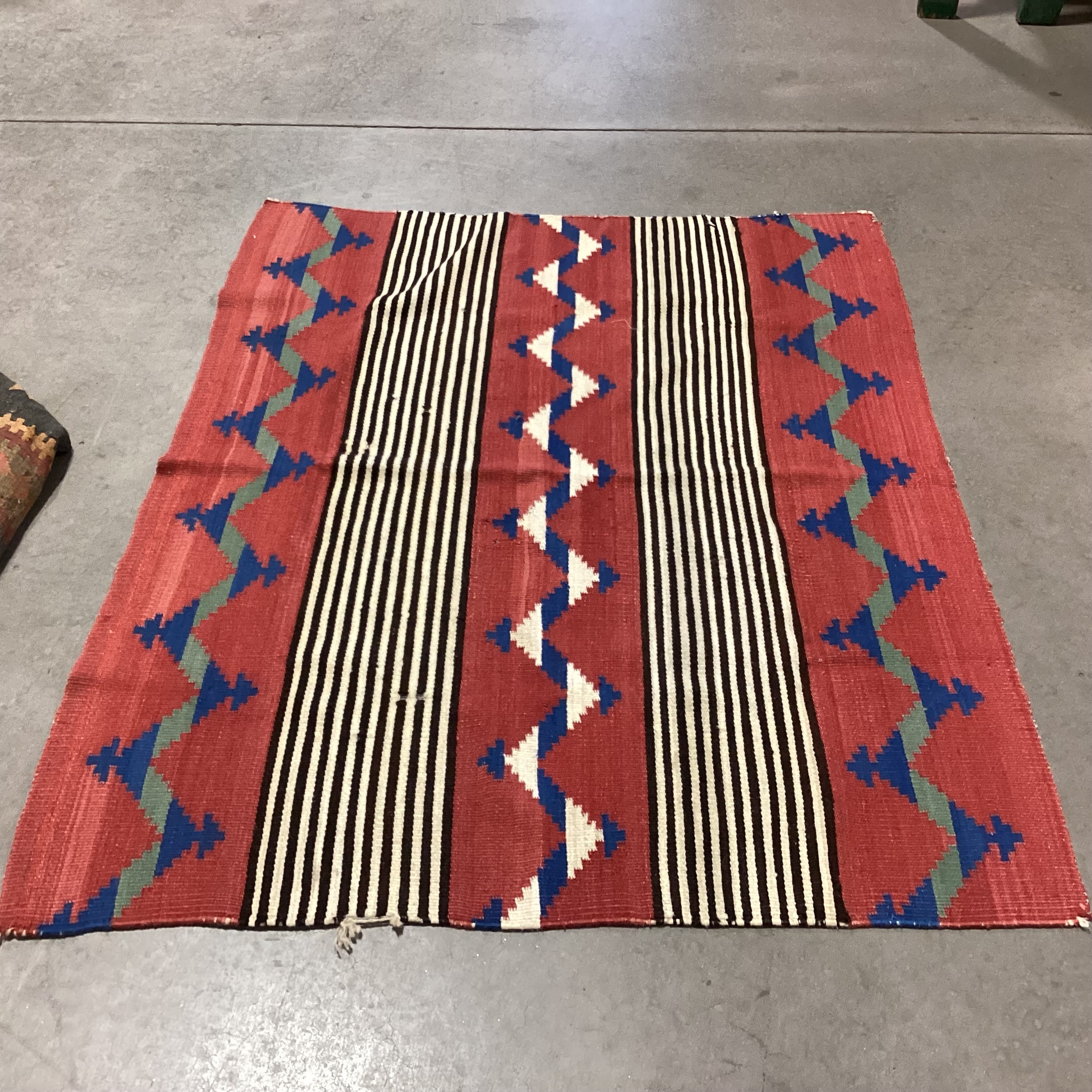Vintage Red Black Blue Hand Woven Wool Rug 3'7"x 4'7"