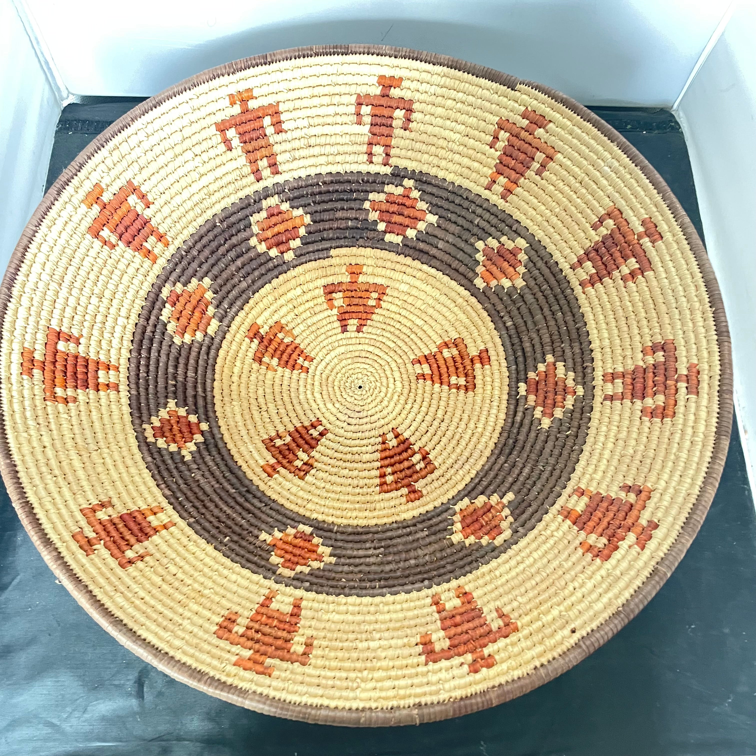 Vintage Native American Figural Geometric Design Basket, 19"x 5"