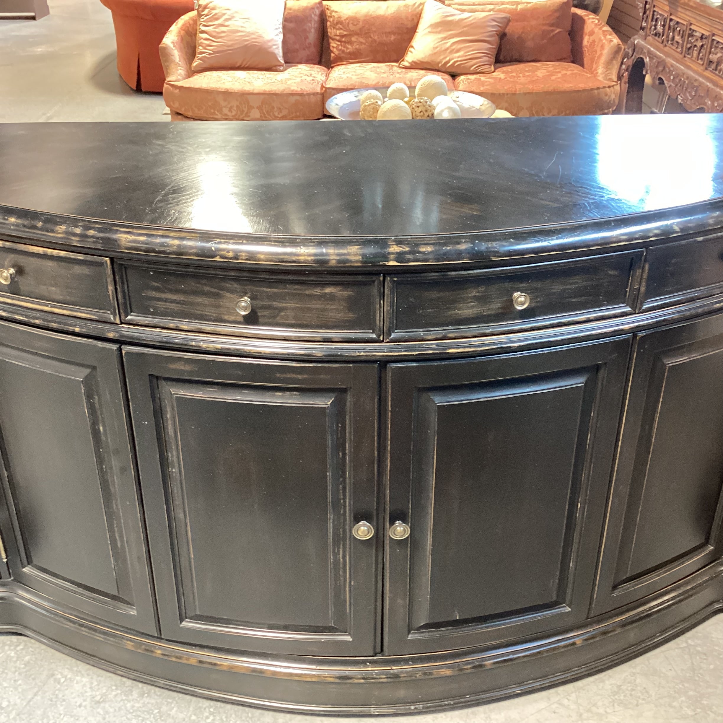 Antiqued Black Distressed Carved Wood 4 Door 6 Drawer Sideboard 96.5"x 27.5"x 42.5"