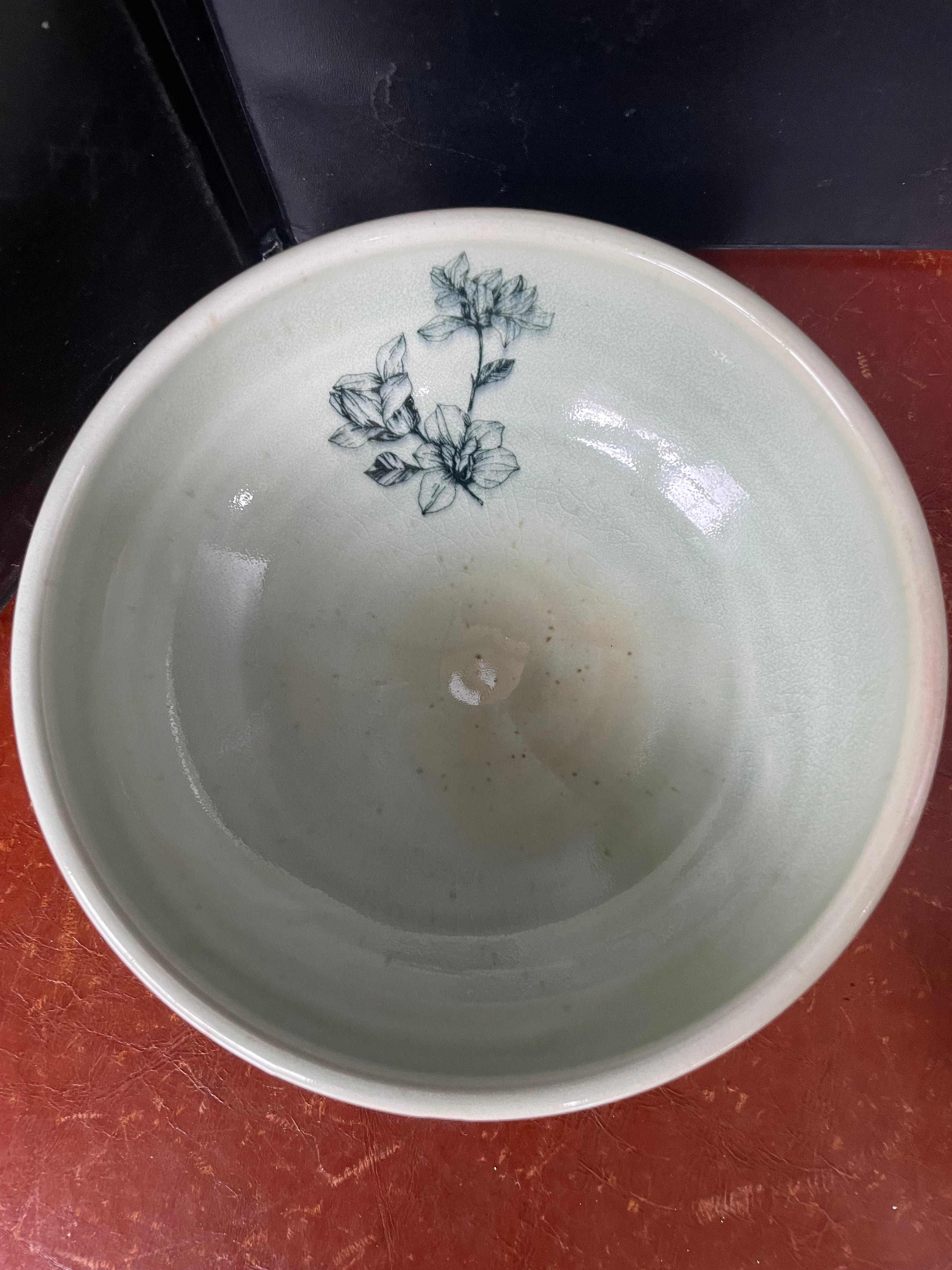 Set of 2 Vintage Korean Studio Art  Handpainted Celadon Footed Bowls Signed by Artist