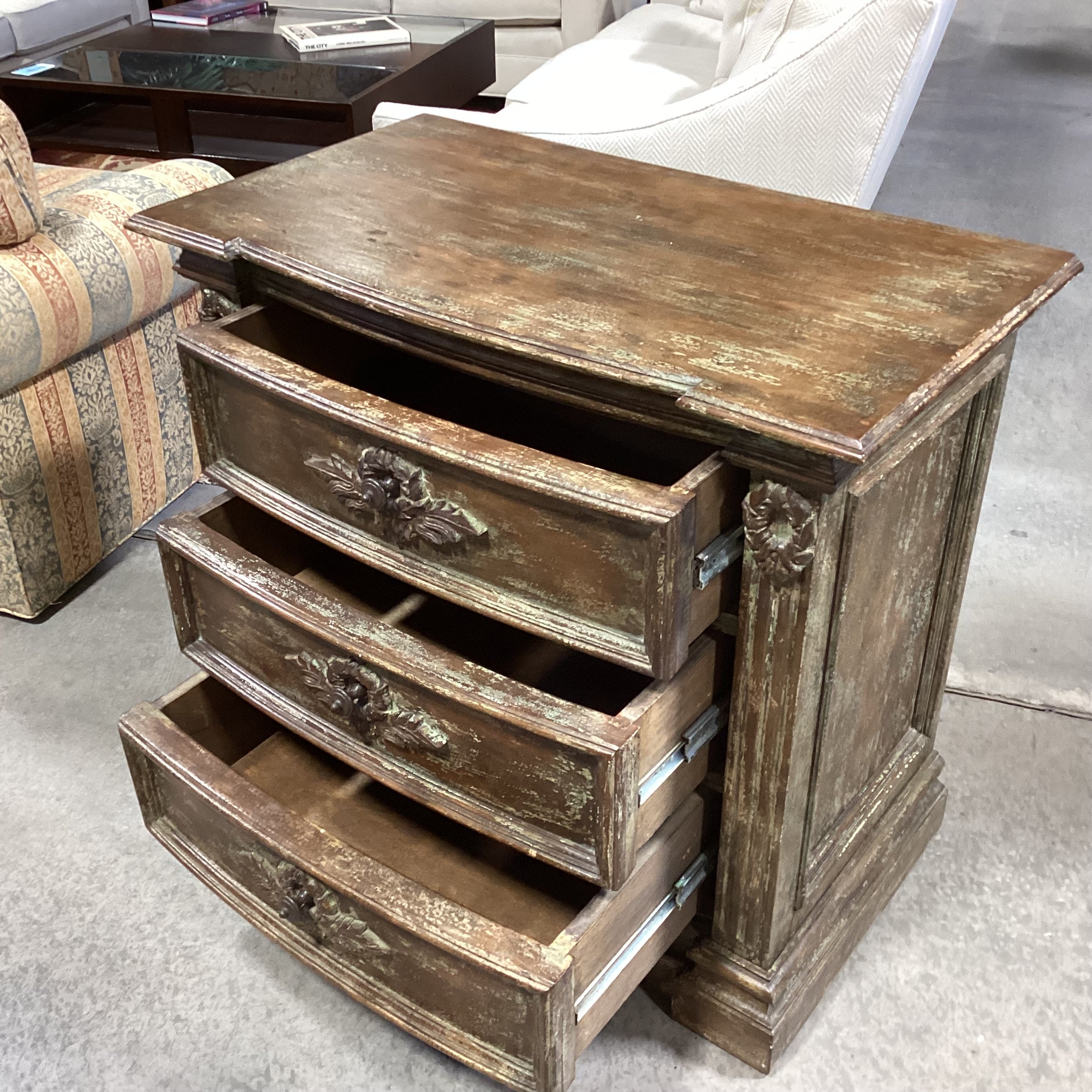 Antiqued Distressed Carved Wood 3 Drawer Nightstand 36"x 20"x 33"