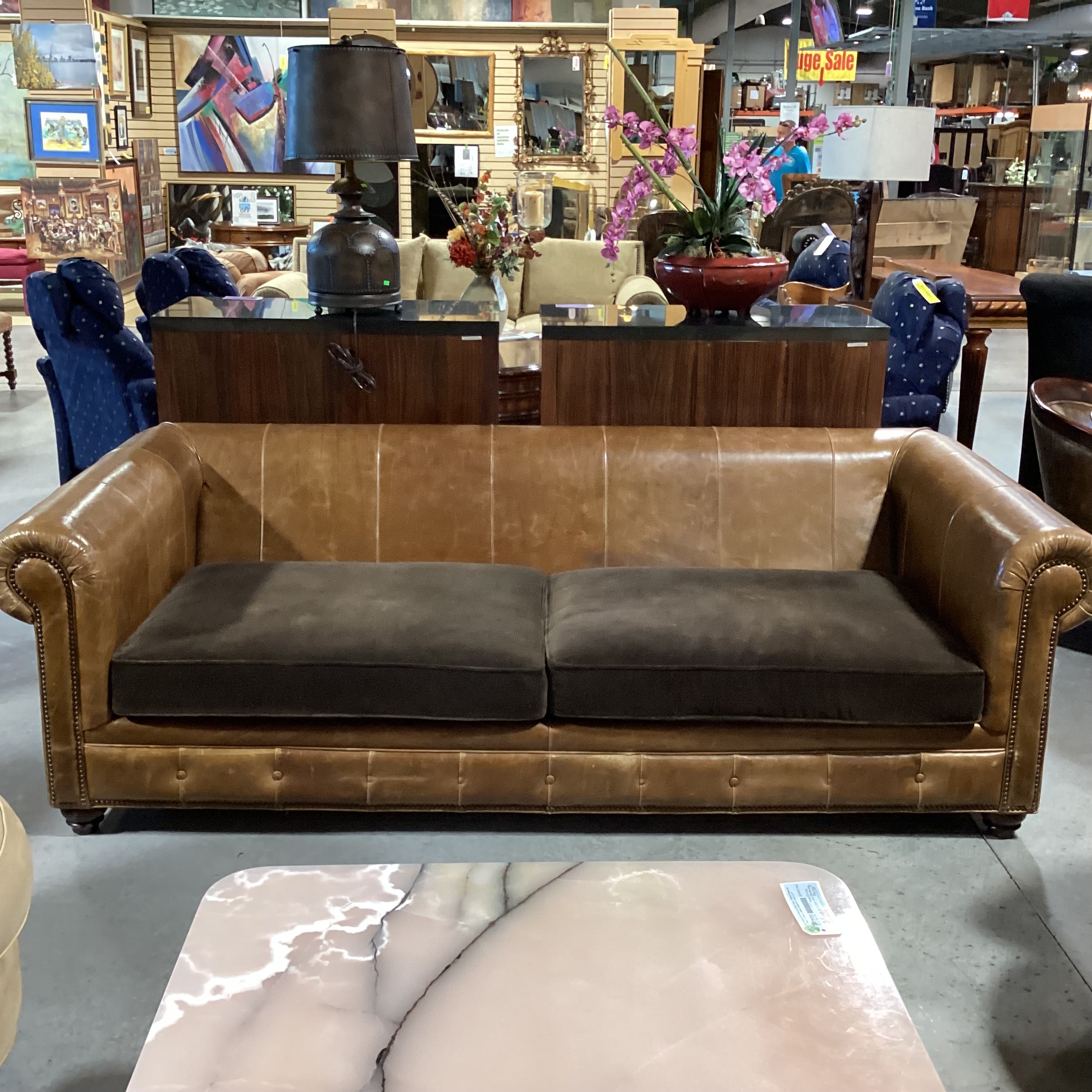 Leather Nail Head Roll Arm & Back with Brown Velvet Seat Cushions Sofa 94"x 46"x 30"