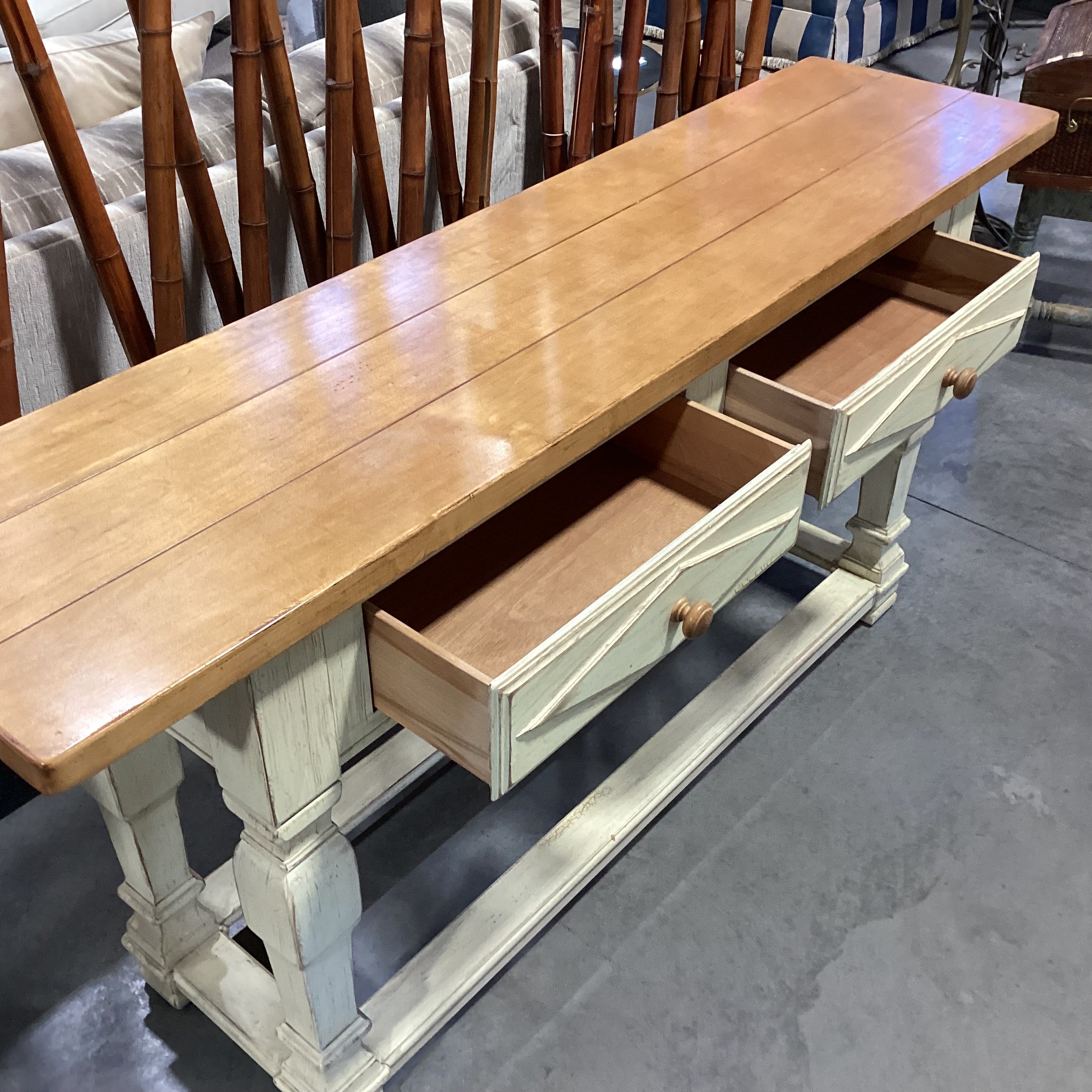 Drexel Cream & Finished Distressed Carved Wood 2 Drawer Sofa Table 72"x 18"x 55.5"