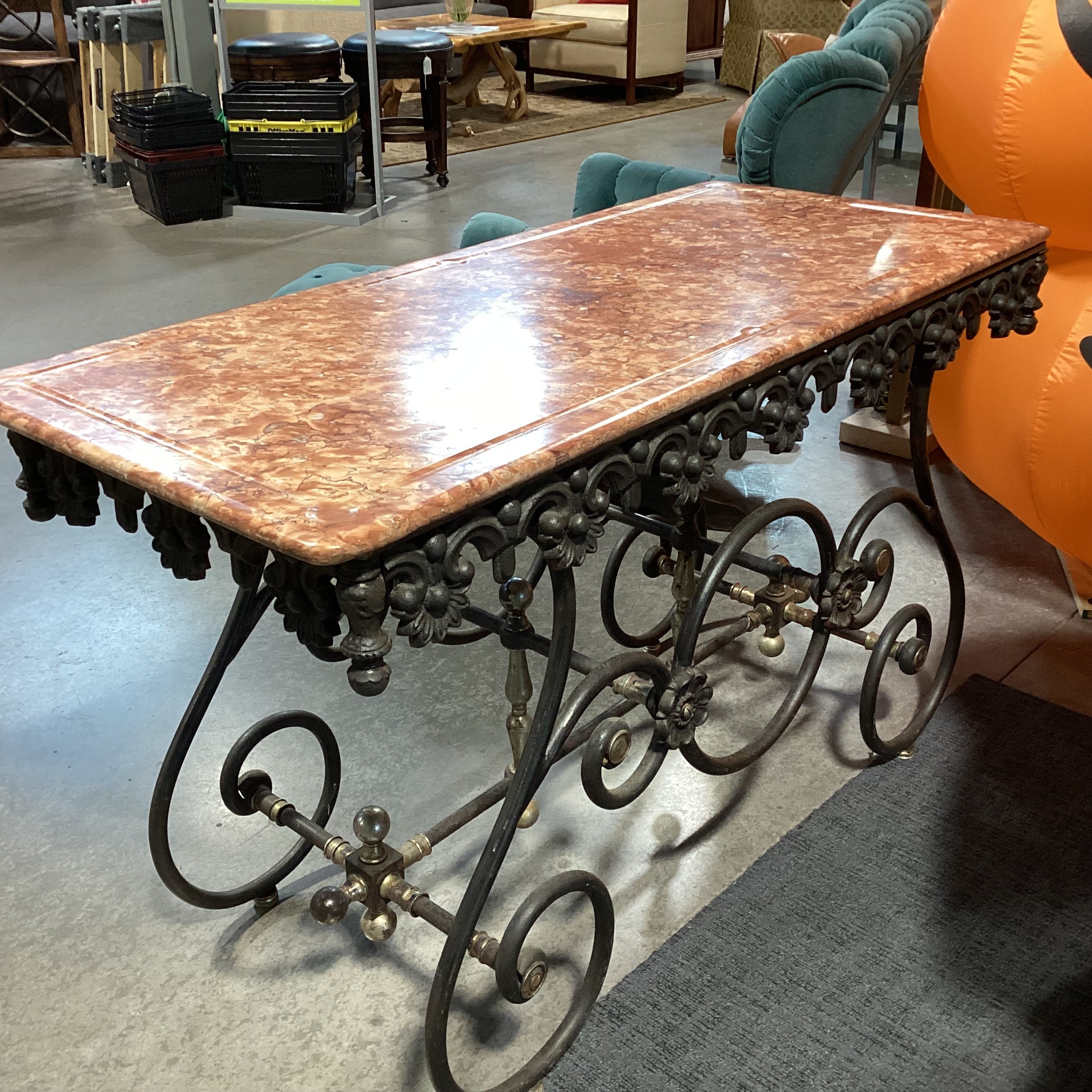 Antique French Ornate Iron & Original Marble Baker's Accent Table 52"x 23"x 31"