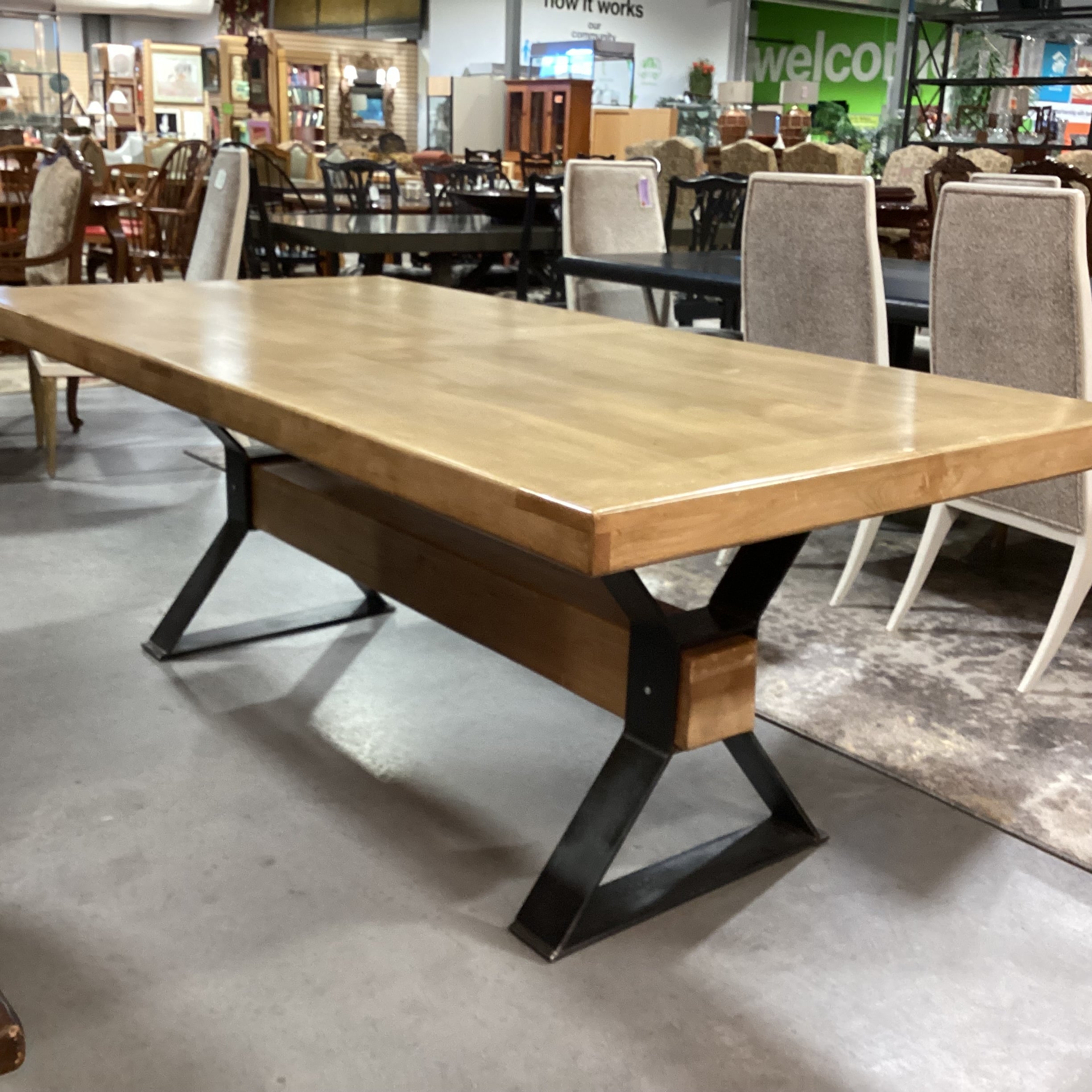Mountain Modern Light Distressed Finish Wood & Steel with Beam Trestle Dining Table 84"x 42"x 31"