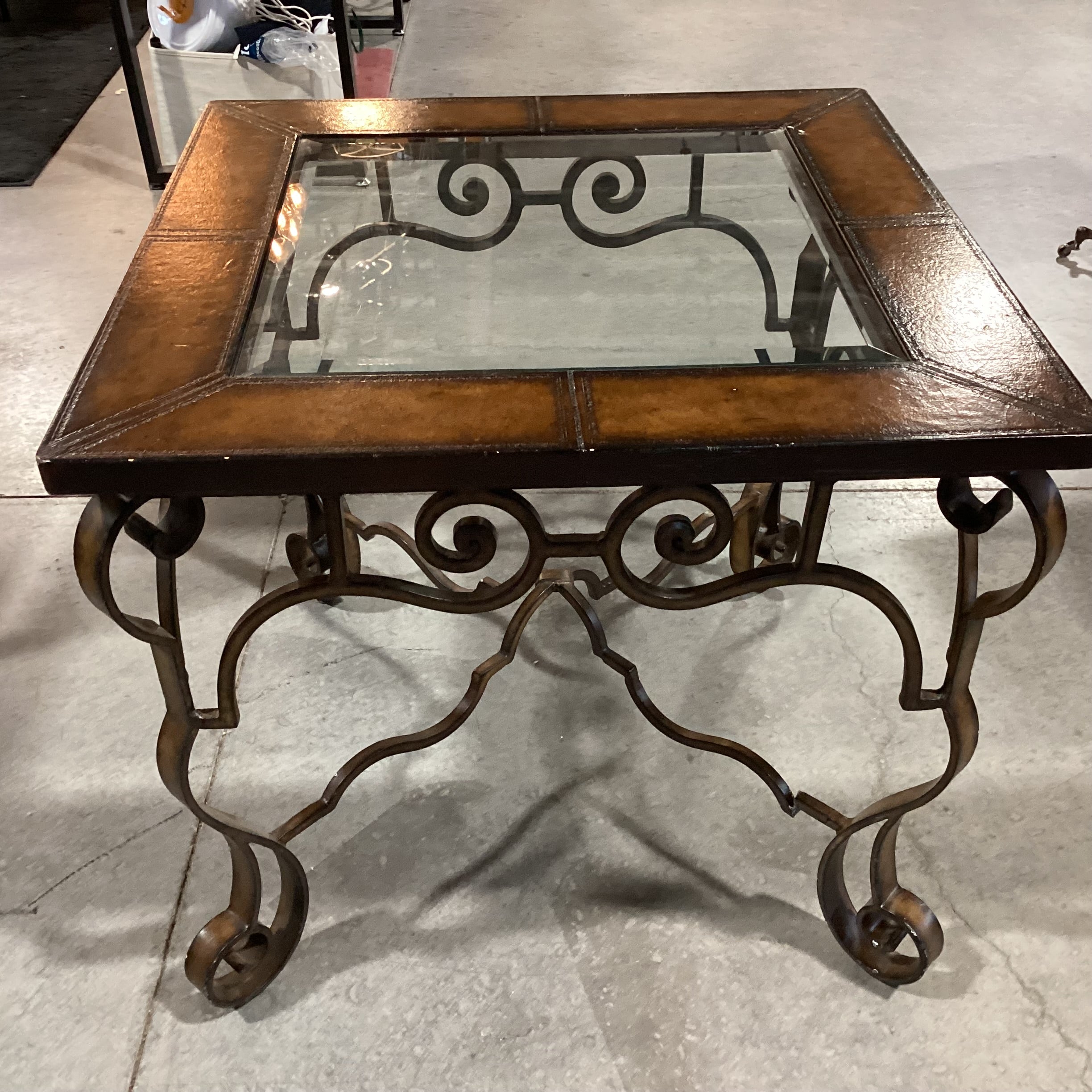 Ornate Iron & Leather Inset Glass Top Accent Table 30"x 30"x 27"