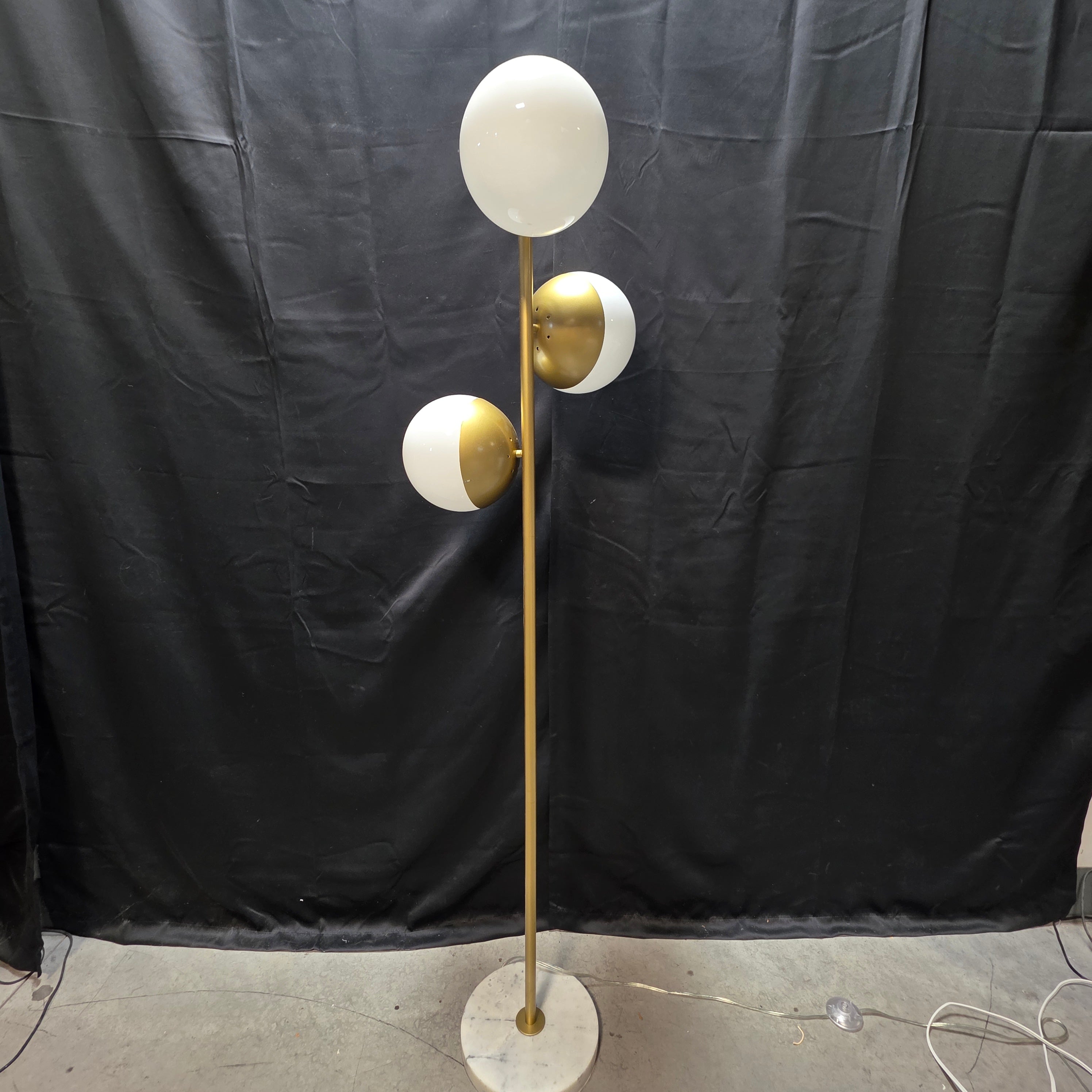 Living District Eclipse 3-Light B rass Frosted White Floor Lamp with Marble Base 16"x16"x65"