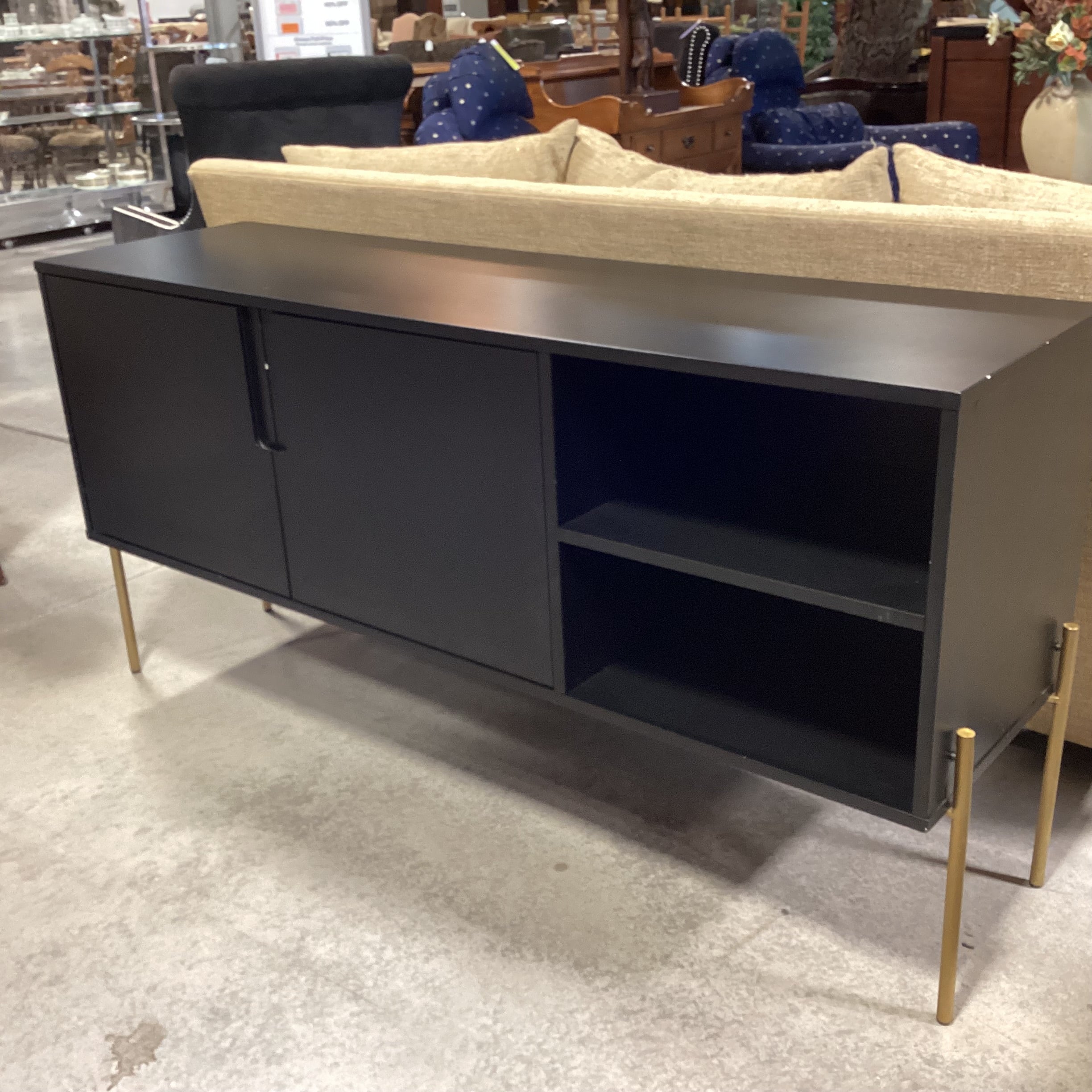 Black Laminate & Gold Legs 2 Door with Shelves Console Credenza 65"x 18"x 31.5"