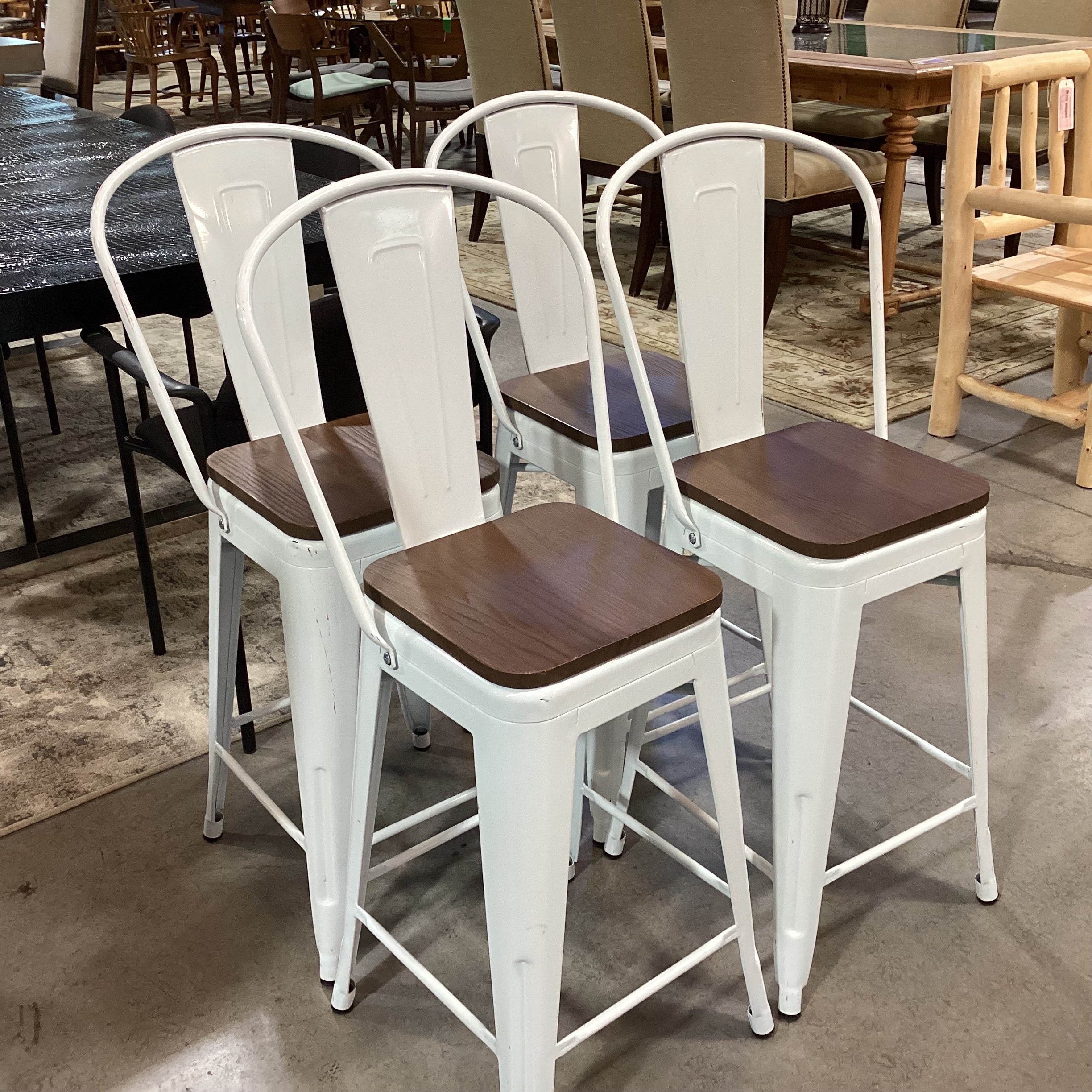 SET of 4 Industrial White Metal & Wood Seat Barstools 25"