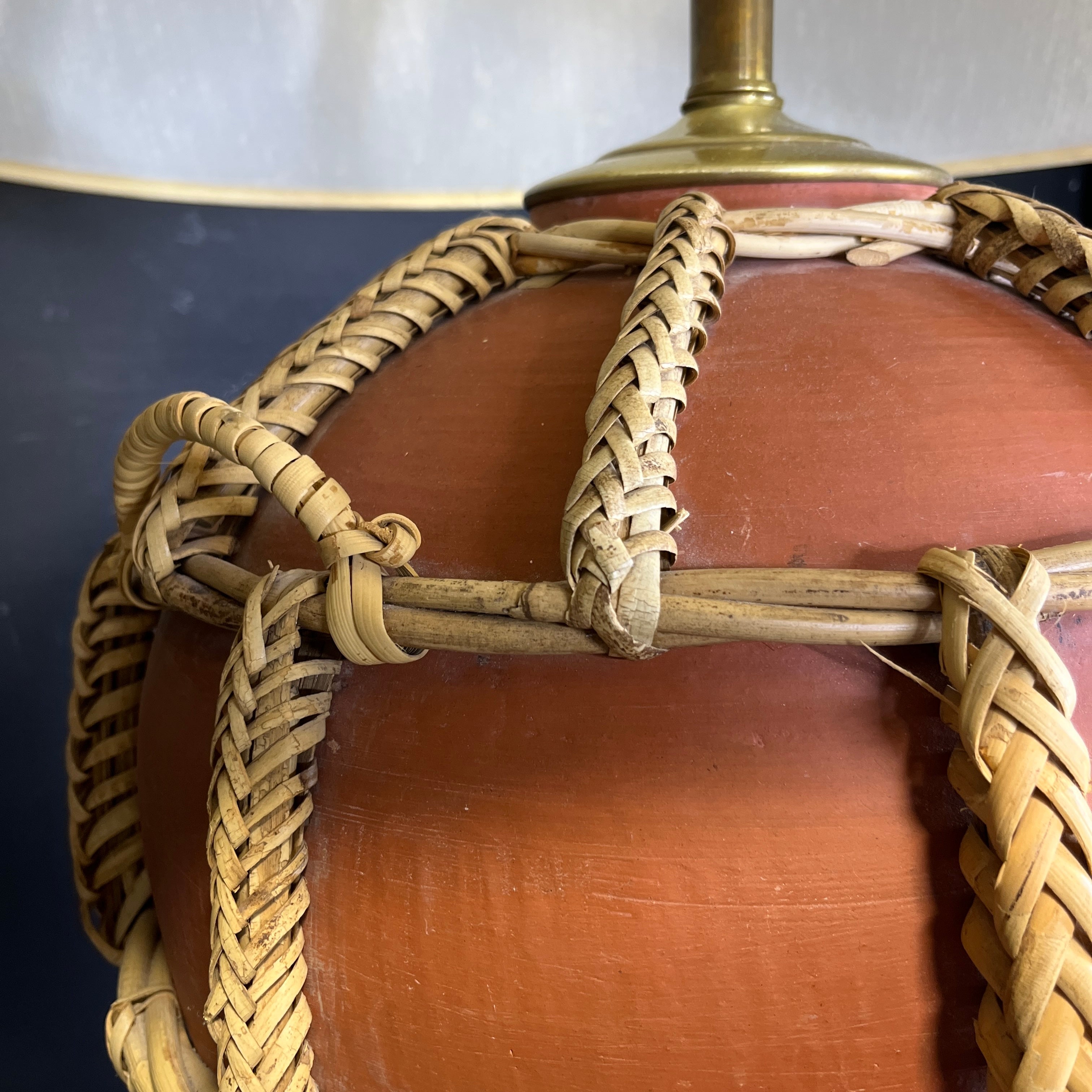 Oversized Terracotta and Woven Rattan with Shade Table Lamp 25” Diameter @ Shade x 34”