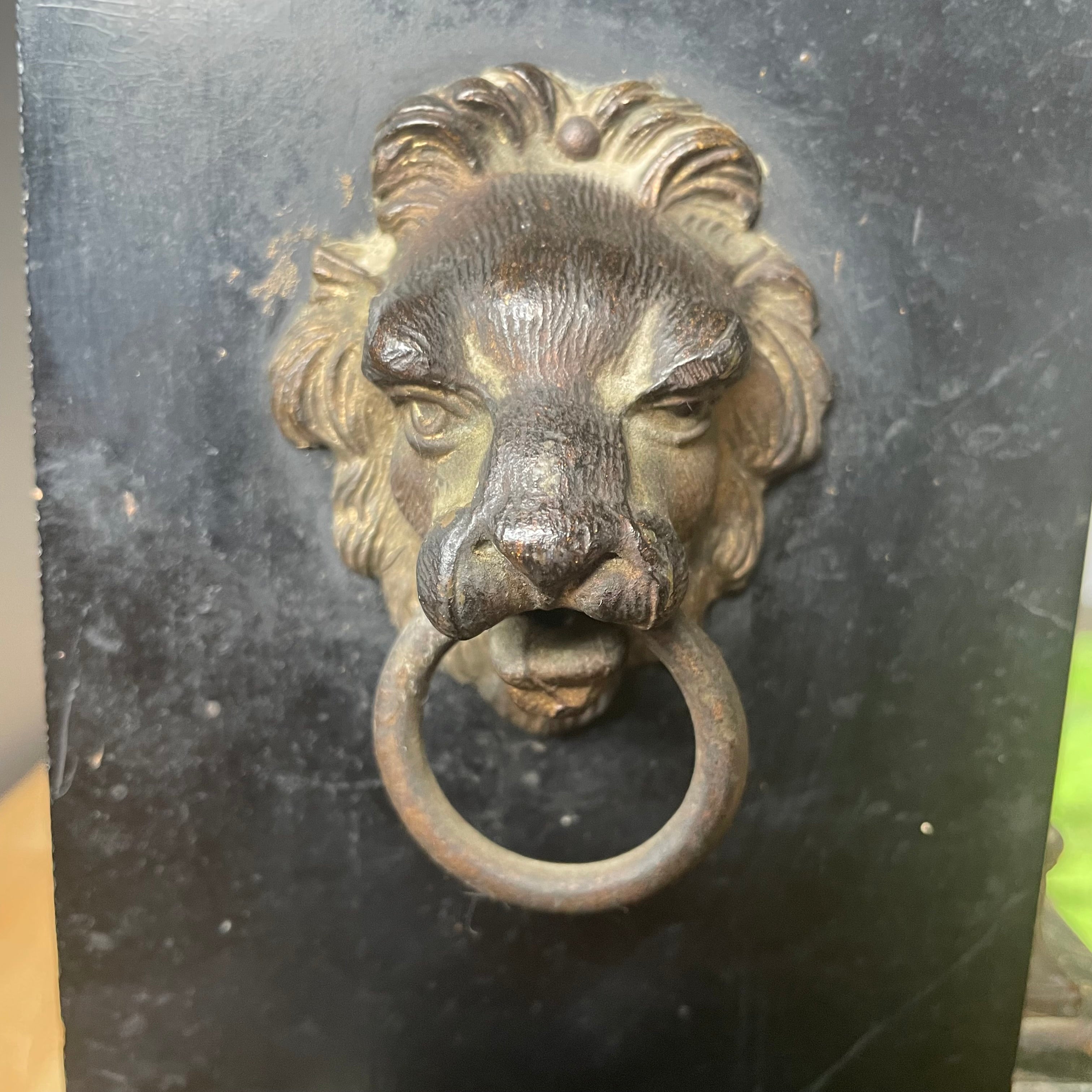 Antique Late 1800's Ingraham Black Enamel Floral Details Wood/Brass Lions Head Handles & Feet Chiming Mantle Clock, 15.25"x 6"x 10.5"