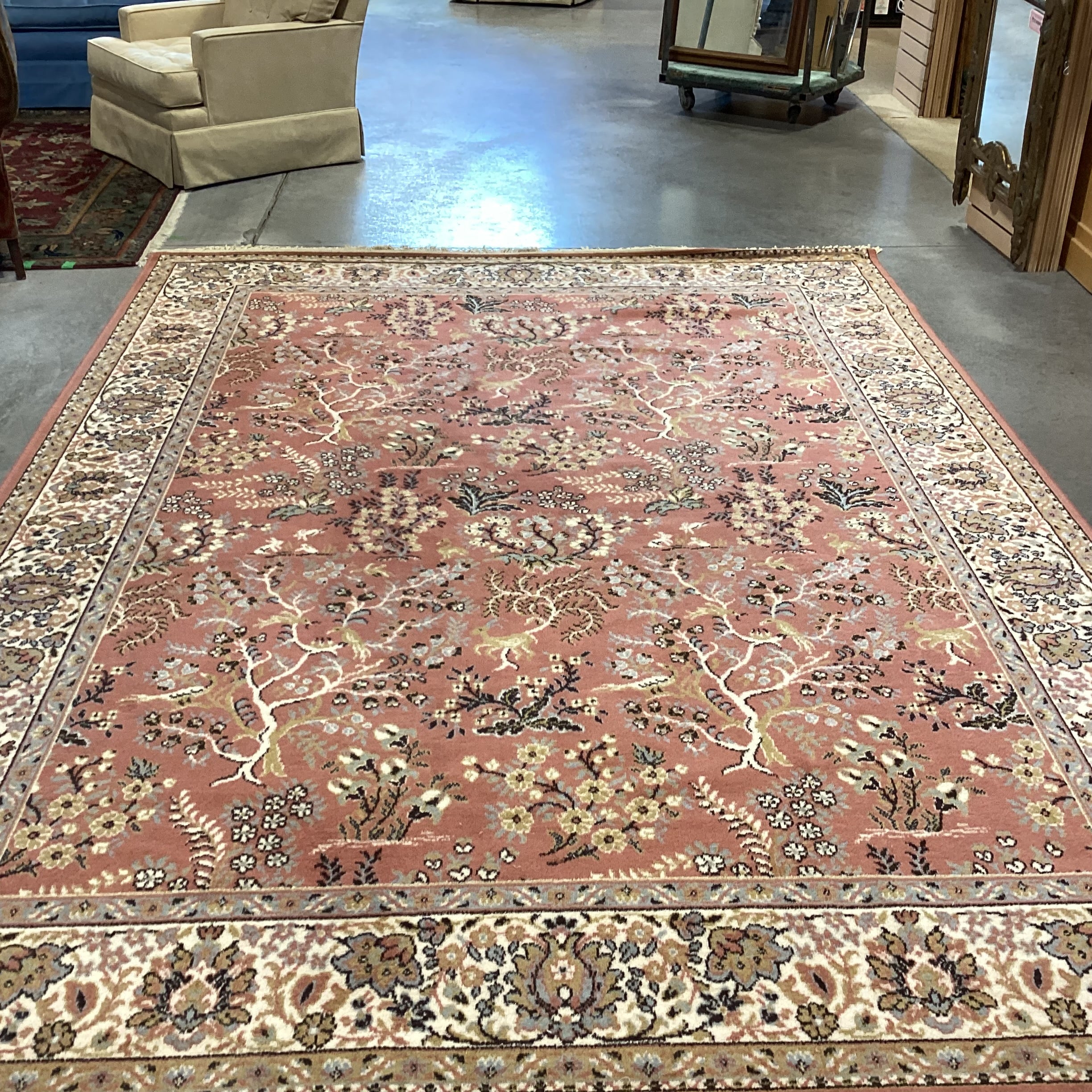Galaxy Made in Belgium Vintage Salmon Blue Grey & Gold Leaf Floral Pure Virgin Wool Pile Rug 7'11"x 11'4"