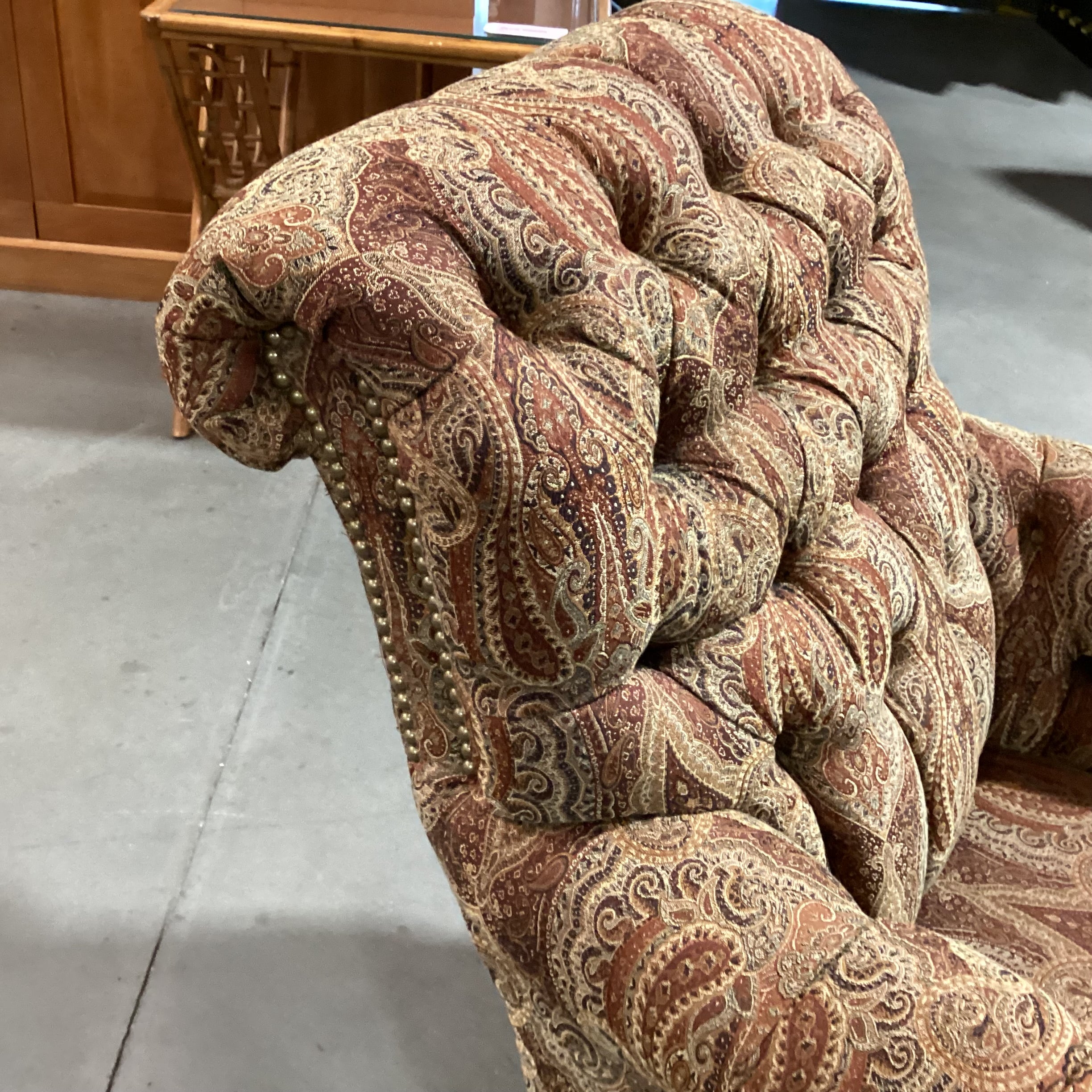 Custom Gold Rust Tan Ornate Paisley Tufted Nailhead with Carved Feet Chair 34"x 38"x 38"