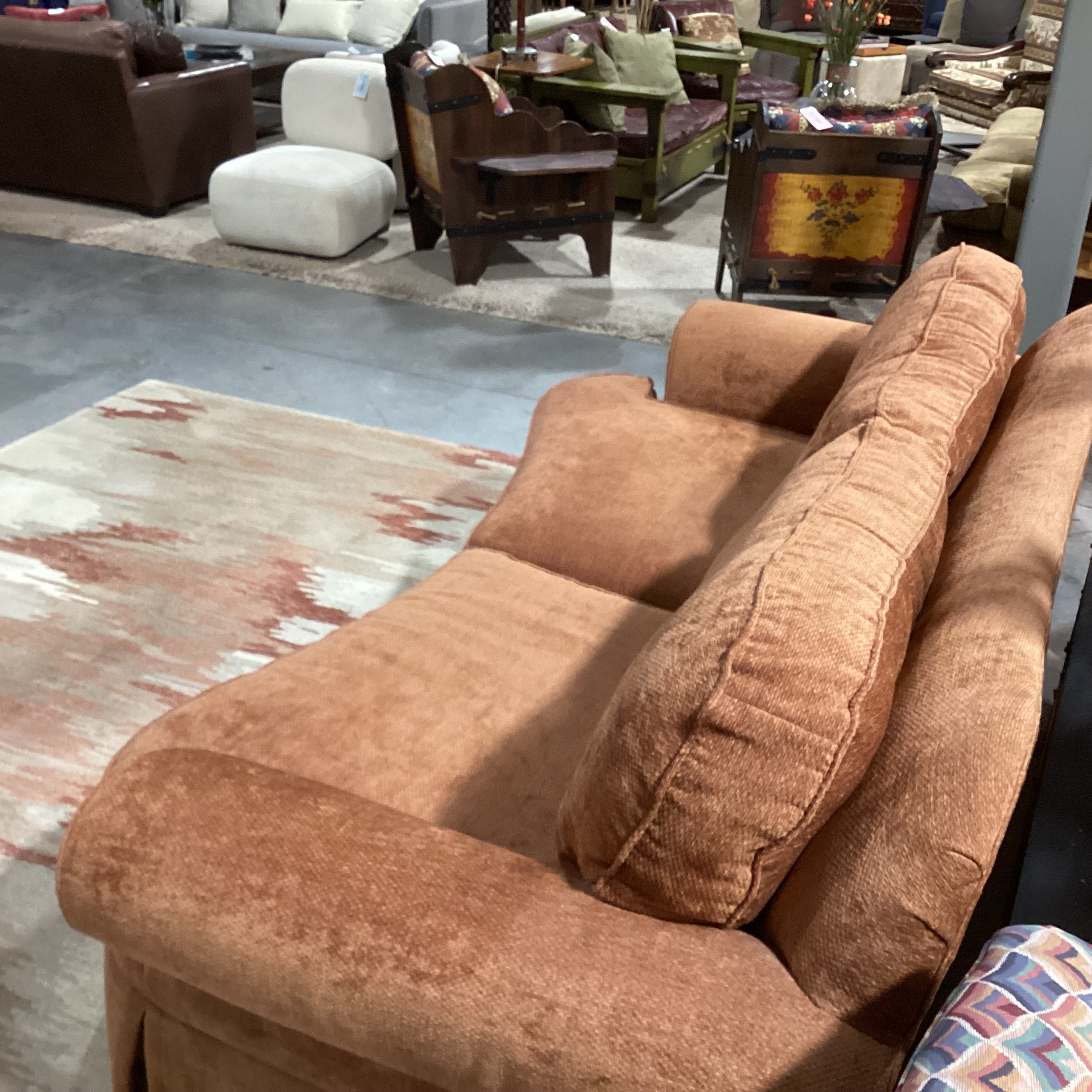 Ethan Allen Burnt Orange Chenille Woven with Roll Arm Curved Sofa 90"x 45"x 35"