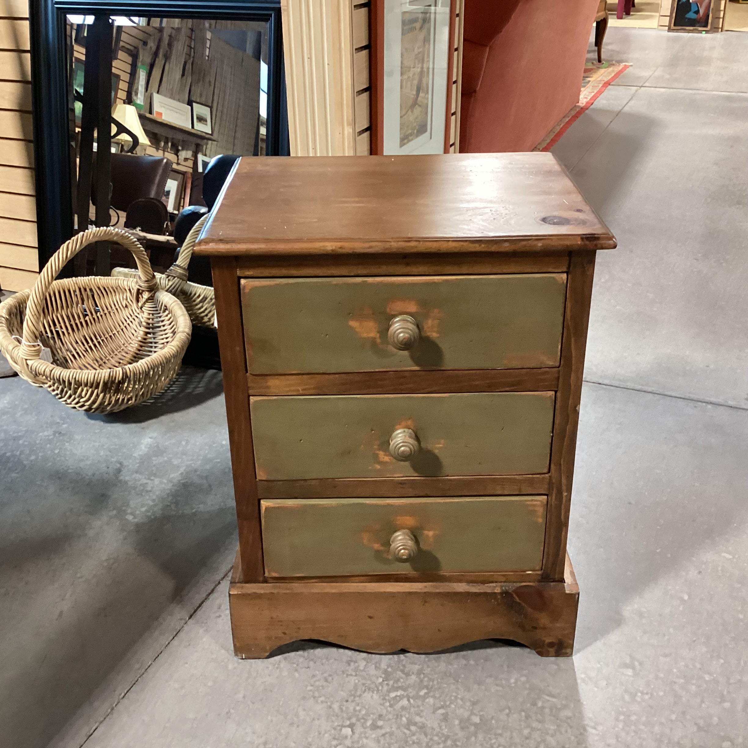 Rustic Distressed Pine with Olive Accent 3 Drawer Nightstand 20"x 16"x 26.5"