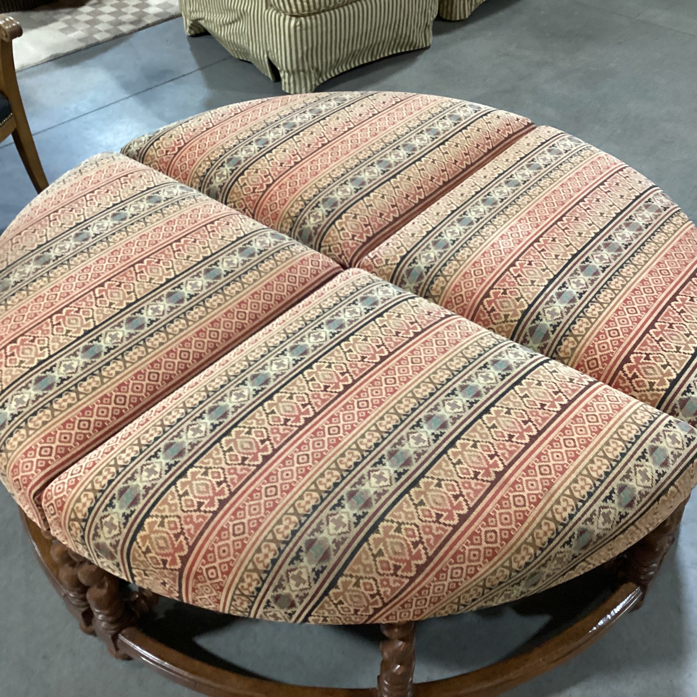 Rose Tarlow Melrose House Barley Twist Carved Wood & Upolstered 4 Piece Pie Ottoman 61" Diameter x 21"