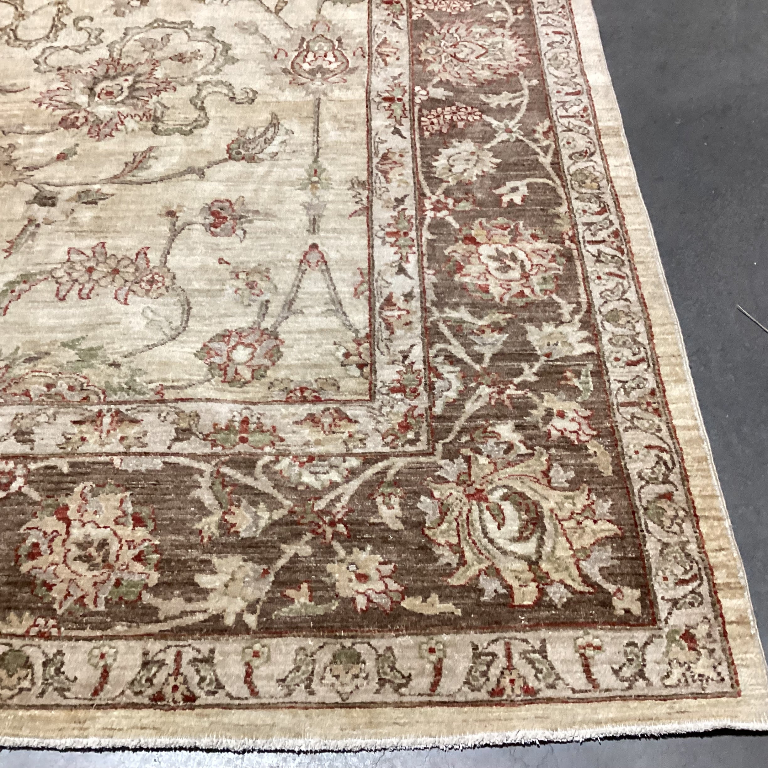 Cream Brown Rust Floral with Border Hand Woven Wool Rug 8'10"x 12'