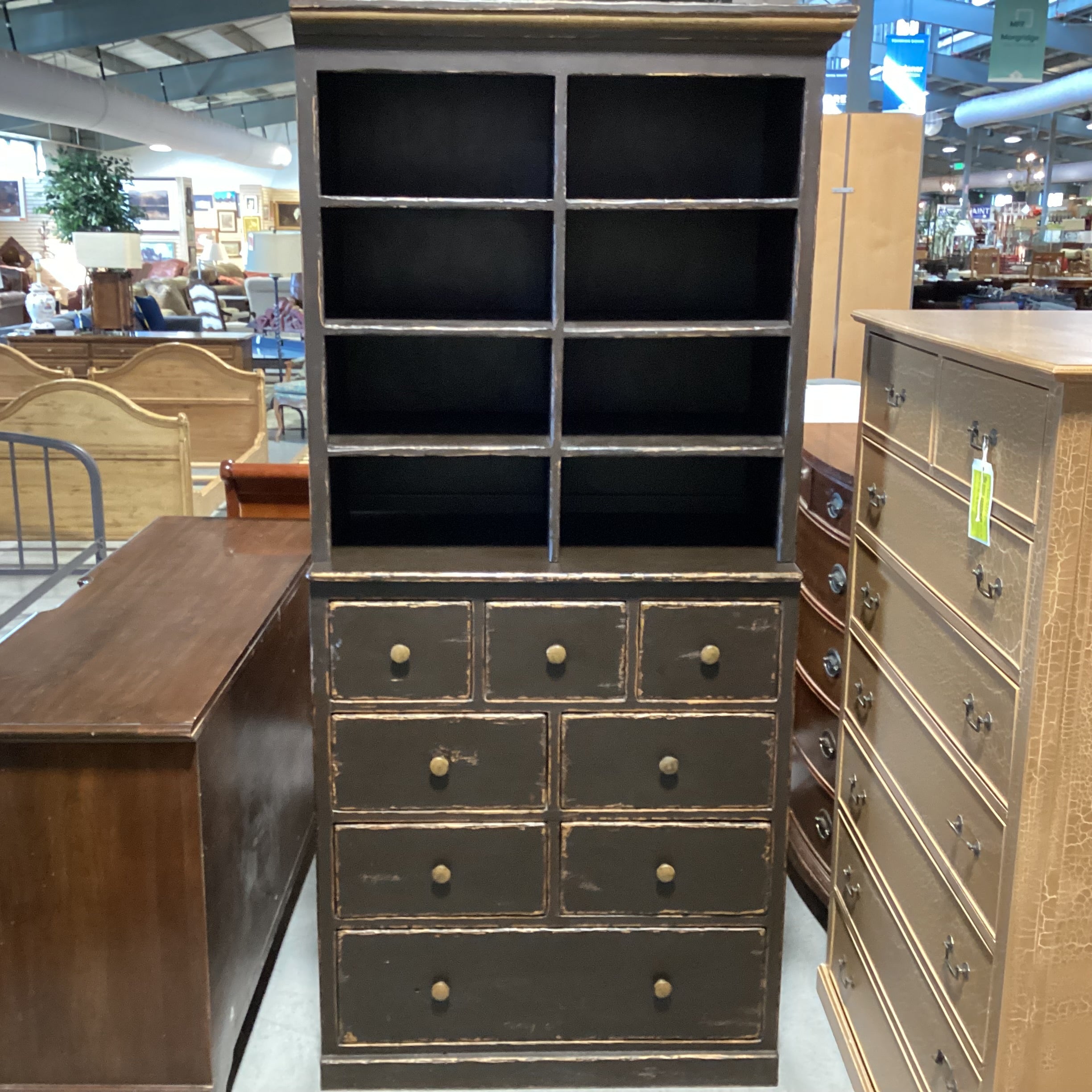 Hamby Antiqued Distressed Wood 8 Drawer 2 Piece with Cubby Hutch Dresser 37.5"x 21"x 80.5"