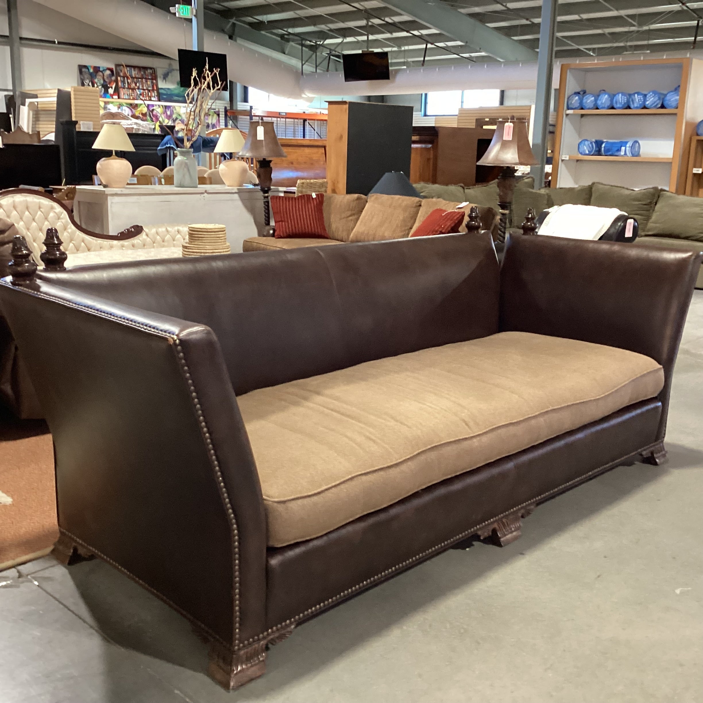 Knole House Style Leather Nailhead High Back & Wool Down with Ornate Finial Sofa 110"x 45"x 43"