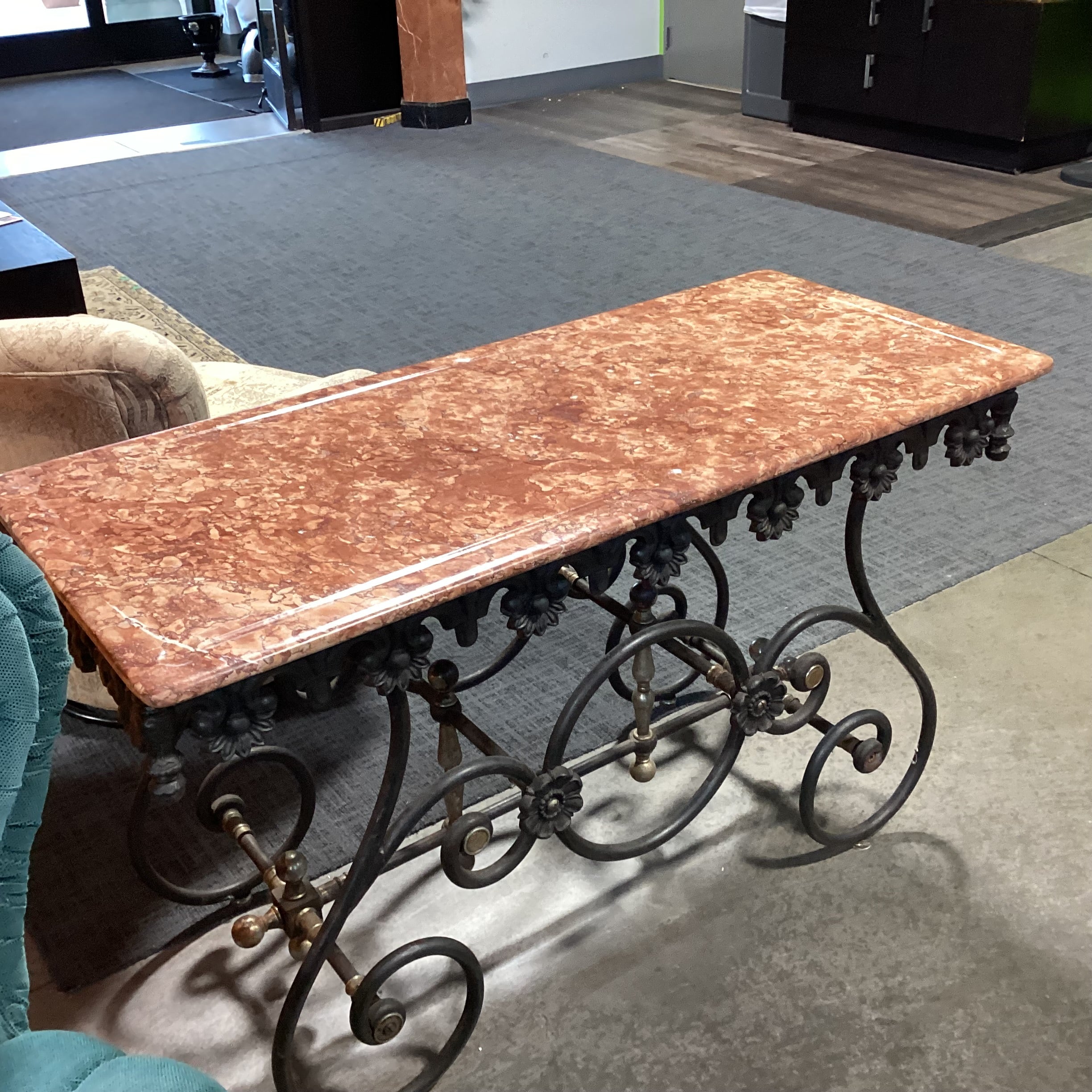 Antique French Ornate Iron & Original Marble Baker's Accent Table 52"x 23"x 31"