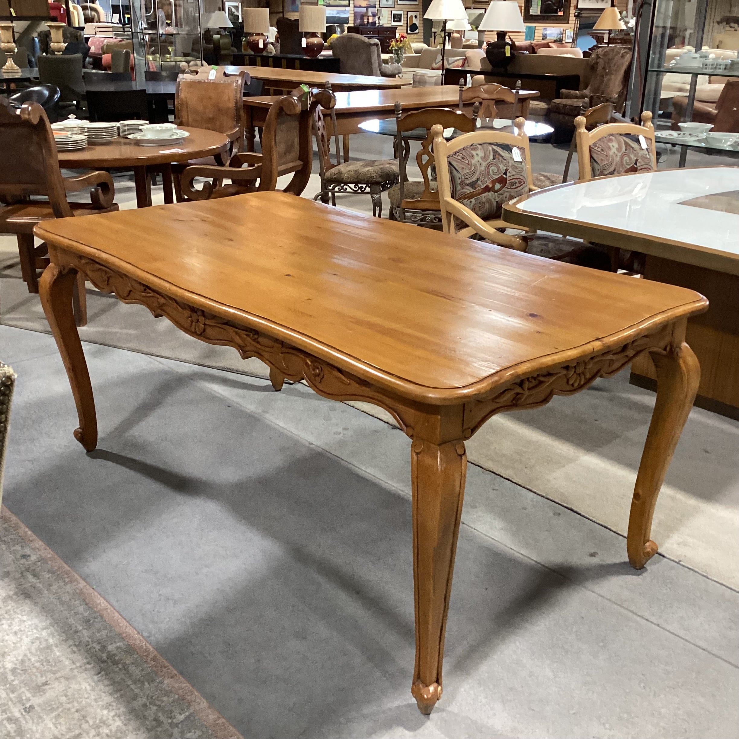 French Country with Carved Detail Finished Pine Dining Table 72"x 38.5"x 32"