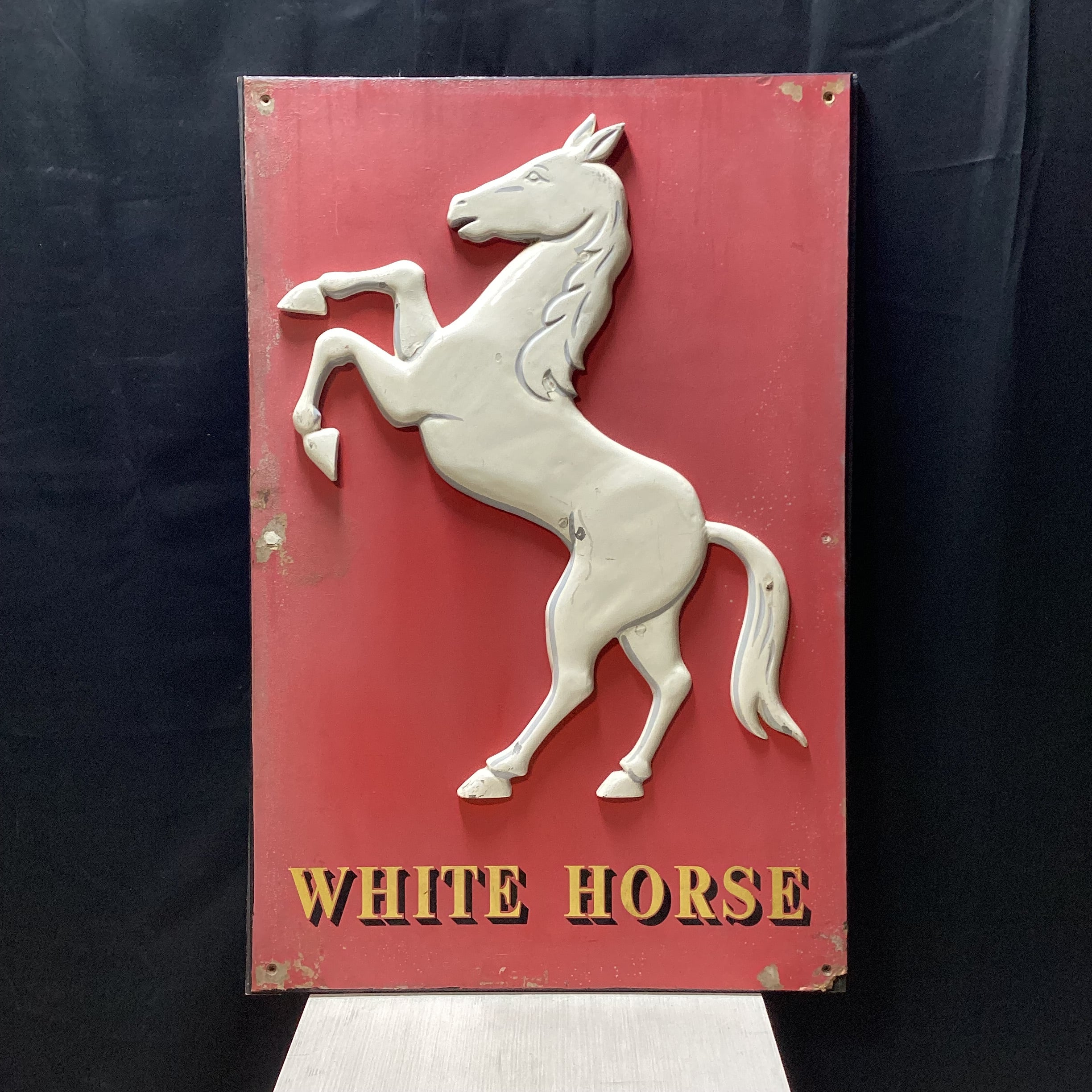 Vintage "White Horse" Wooden Sign With Enamel Horse 27" x 41"