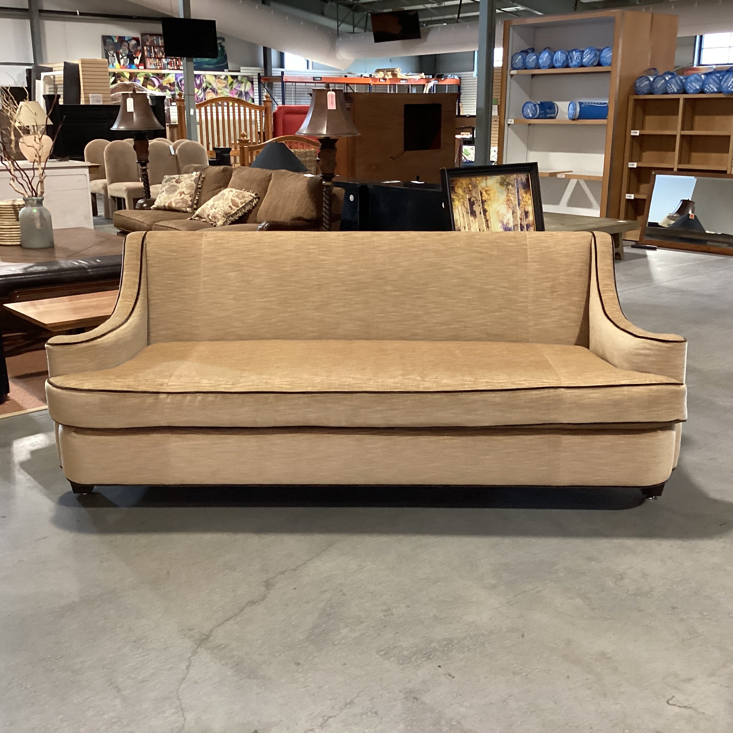 Golden Textured Velvet with Brown Velvet Piping Slope Roll Arm Custom Sofa 92.5"x 40"x 36"