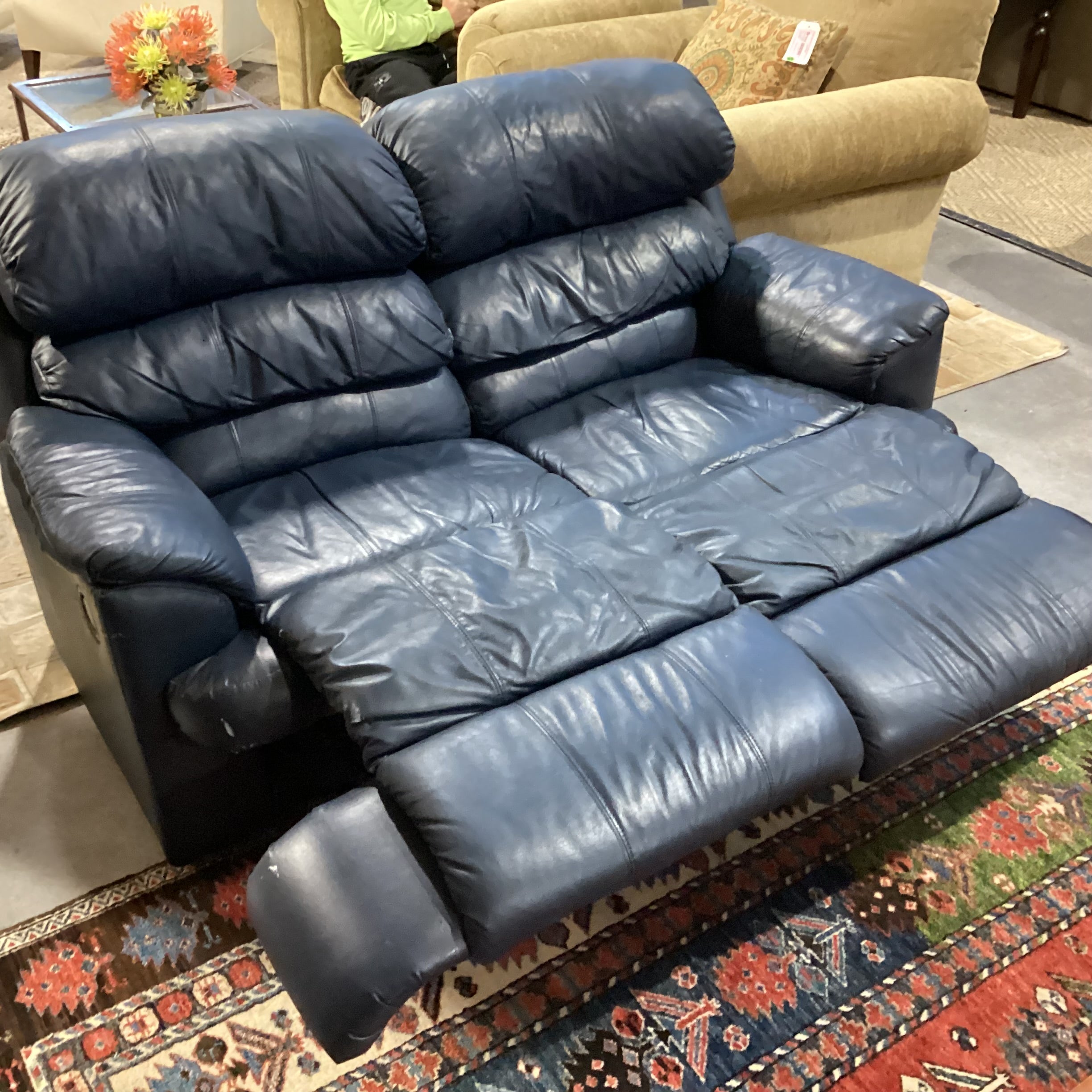 Navy Leather Double Recliner Loveseat Sofa 64"x 40"x 37"