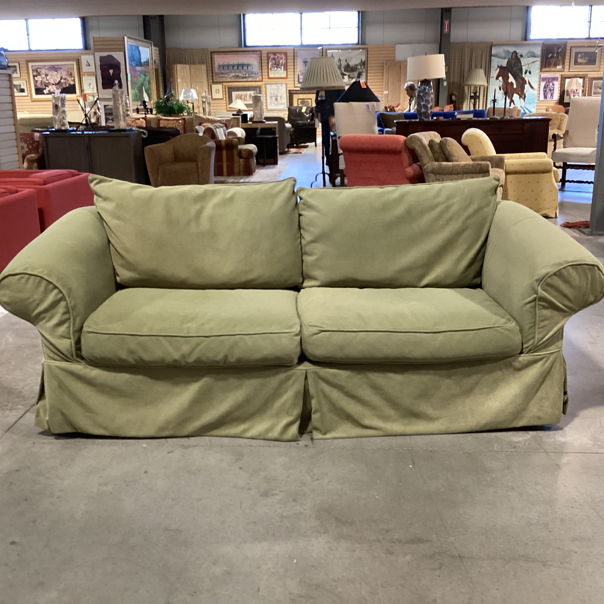 Rowe Furniture Green Plush Slipcovered Sofa 92"x 38"x 31"