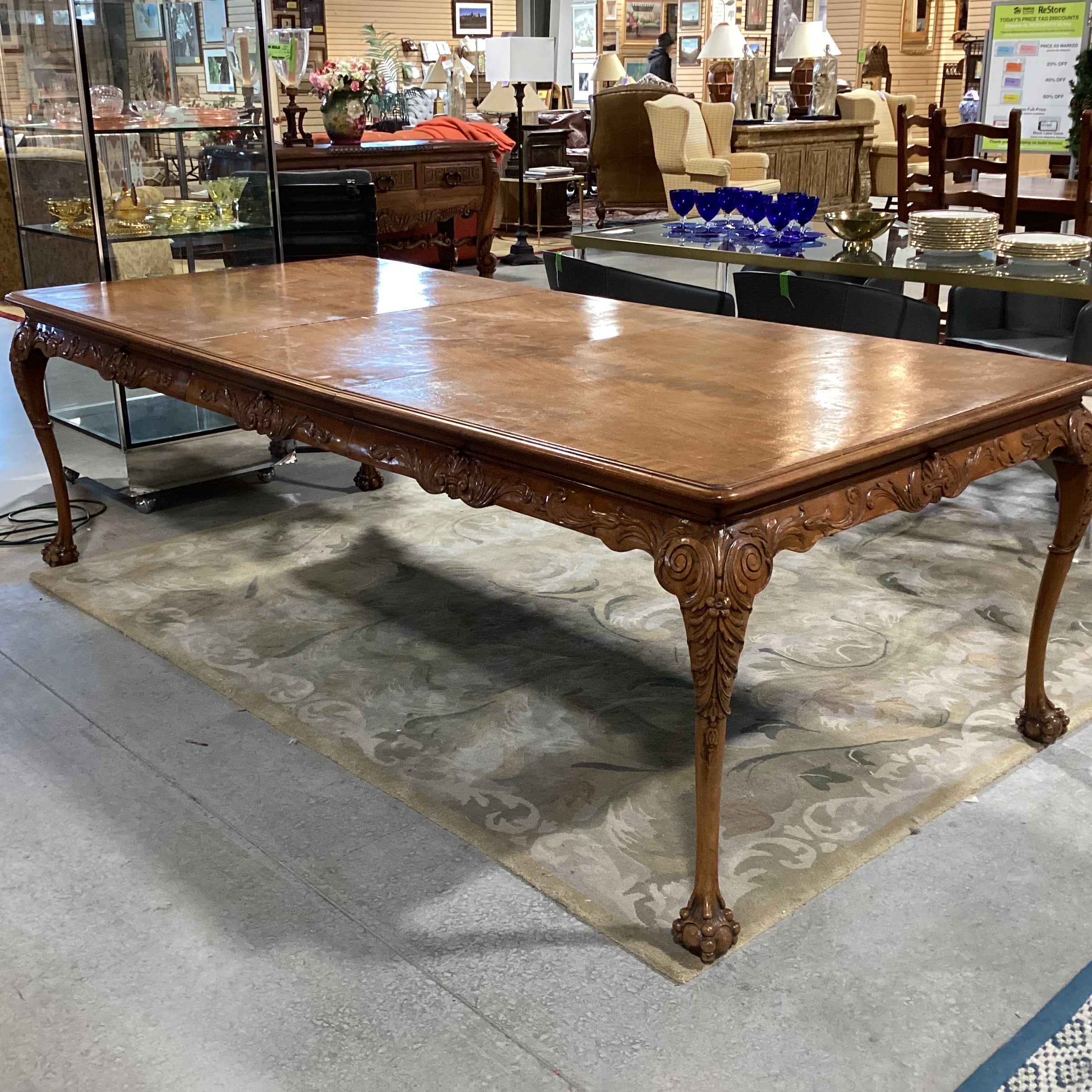 Ornate Carved Wood 1 Leaf Dining Table 72" to 97"x 45"x 30"