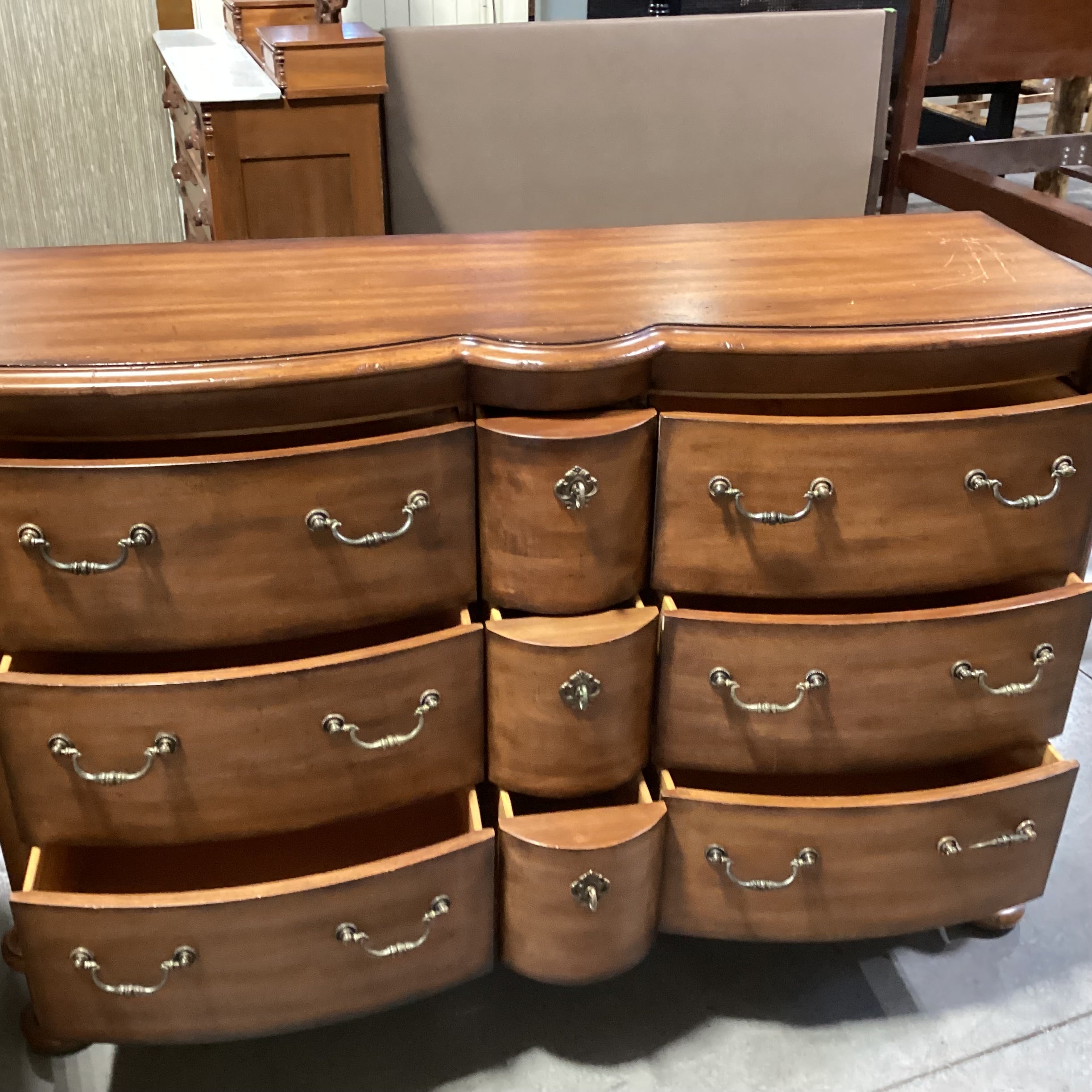 Hickory White Distressed Carved Curved Front 9 Drawer Dresser 64"x 20"x 42"
