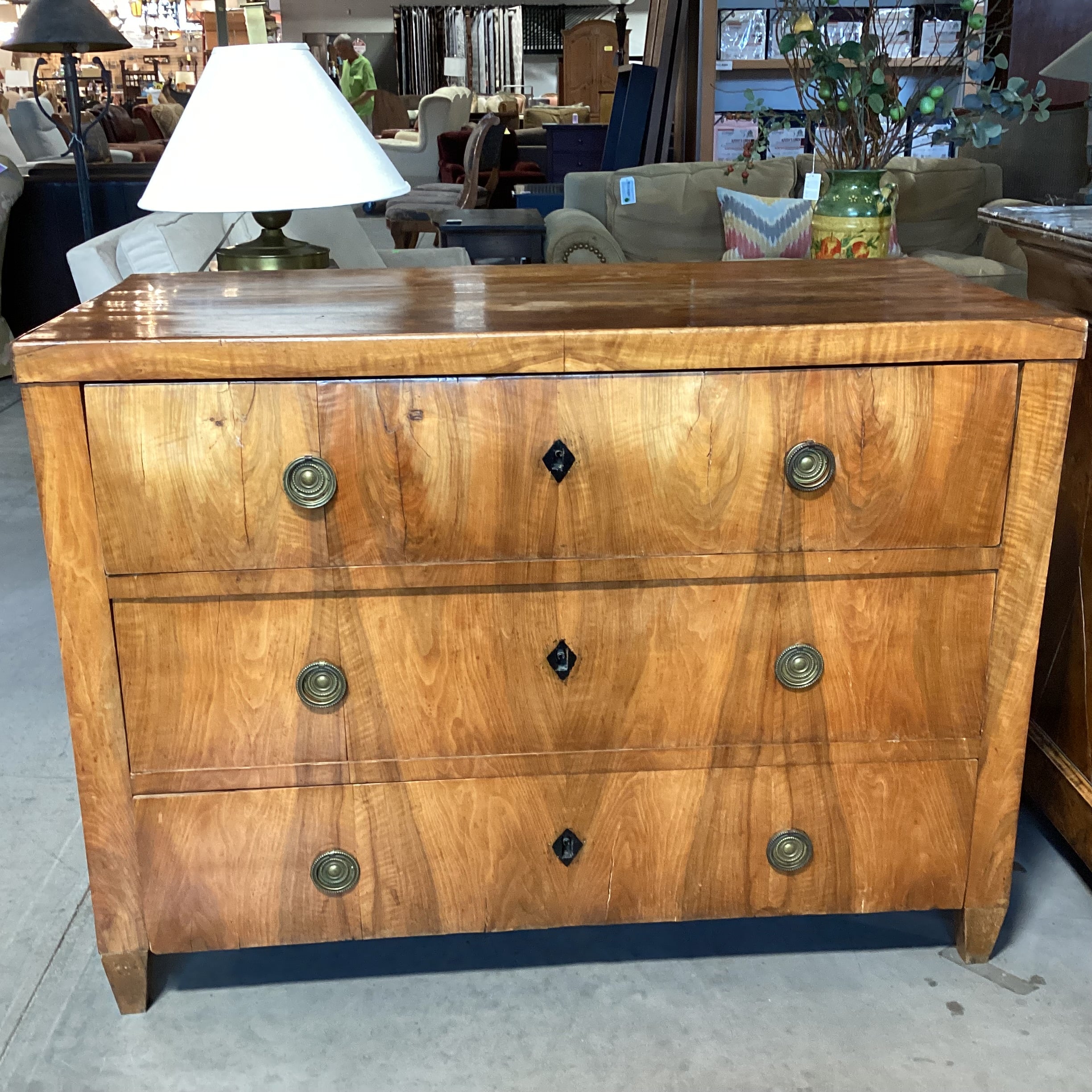 Antique Wood & Veneer 3 Drawer Keyhole Accent Chest 48.5"x 23"x 35.5"