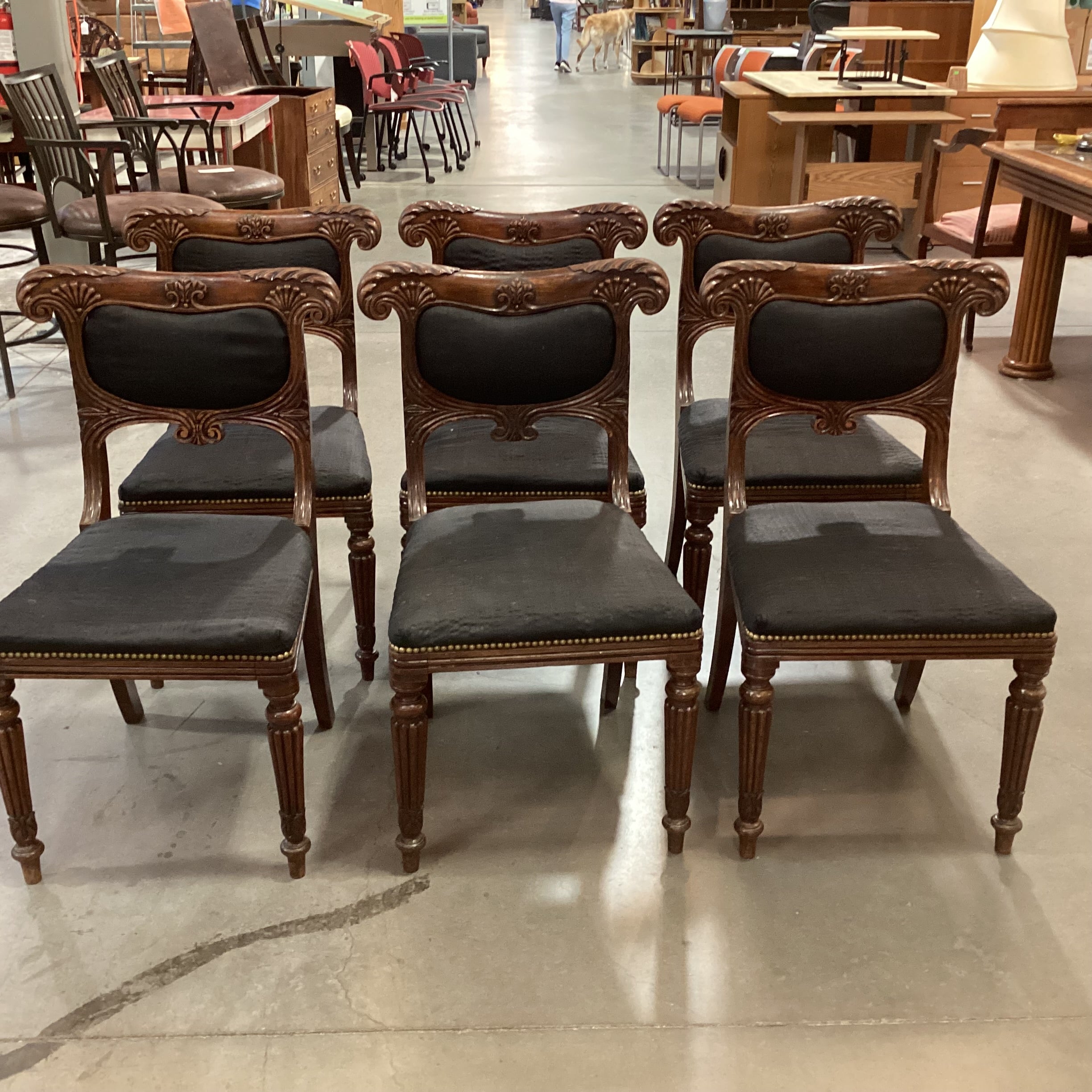 SET of 6 Antique Carved Wood & Black Upholstered Nailhead Dining Chairs 20"x 20"x 33.5"