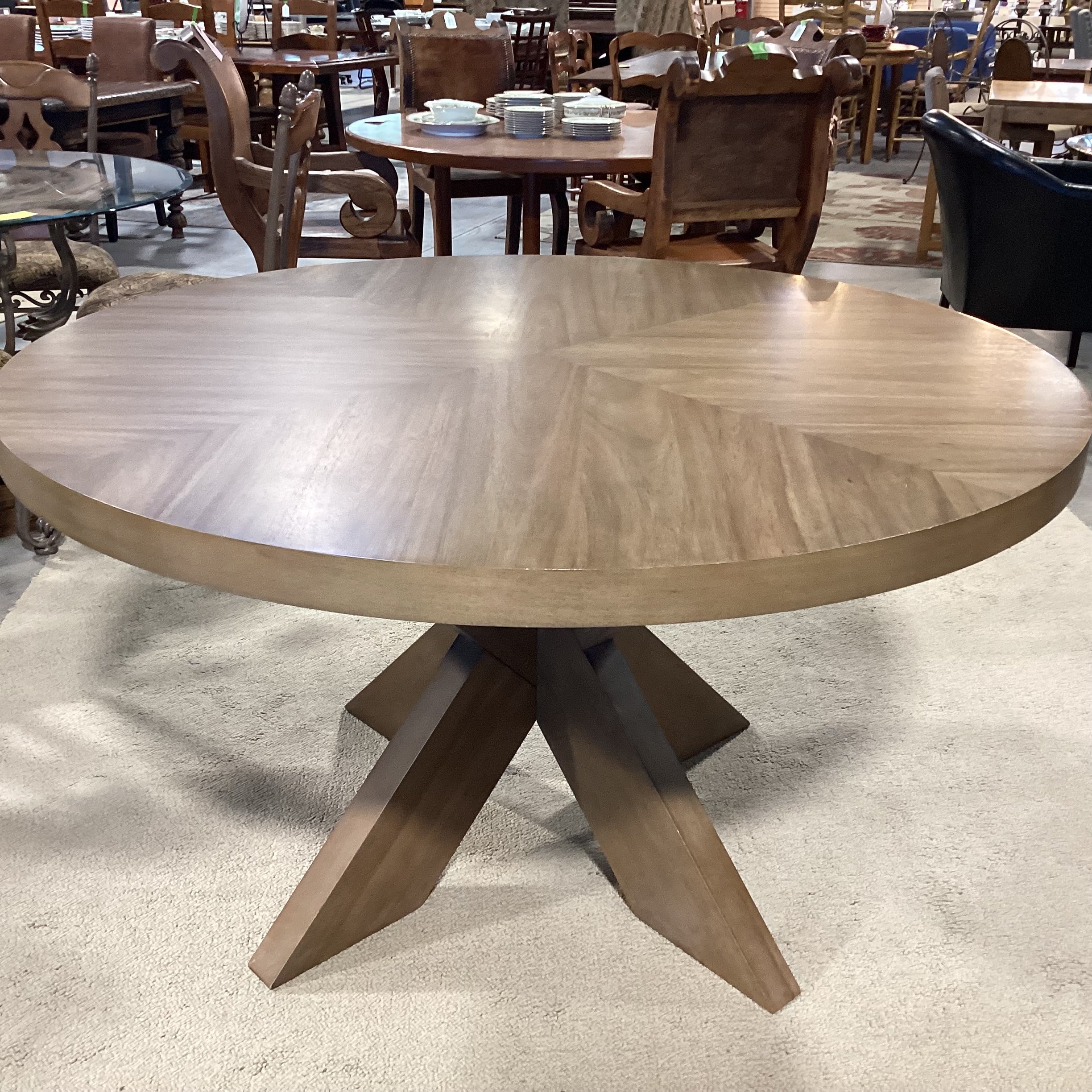 Samson International Light Green Grey Finish Wood & Veneer with X Style Pedestal Dining Table 54" Diameter x 30"