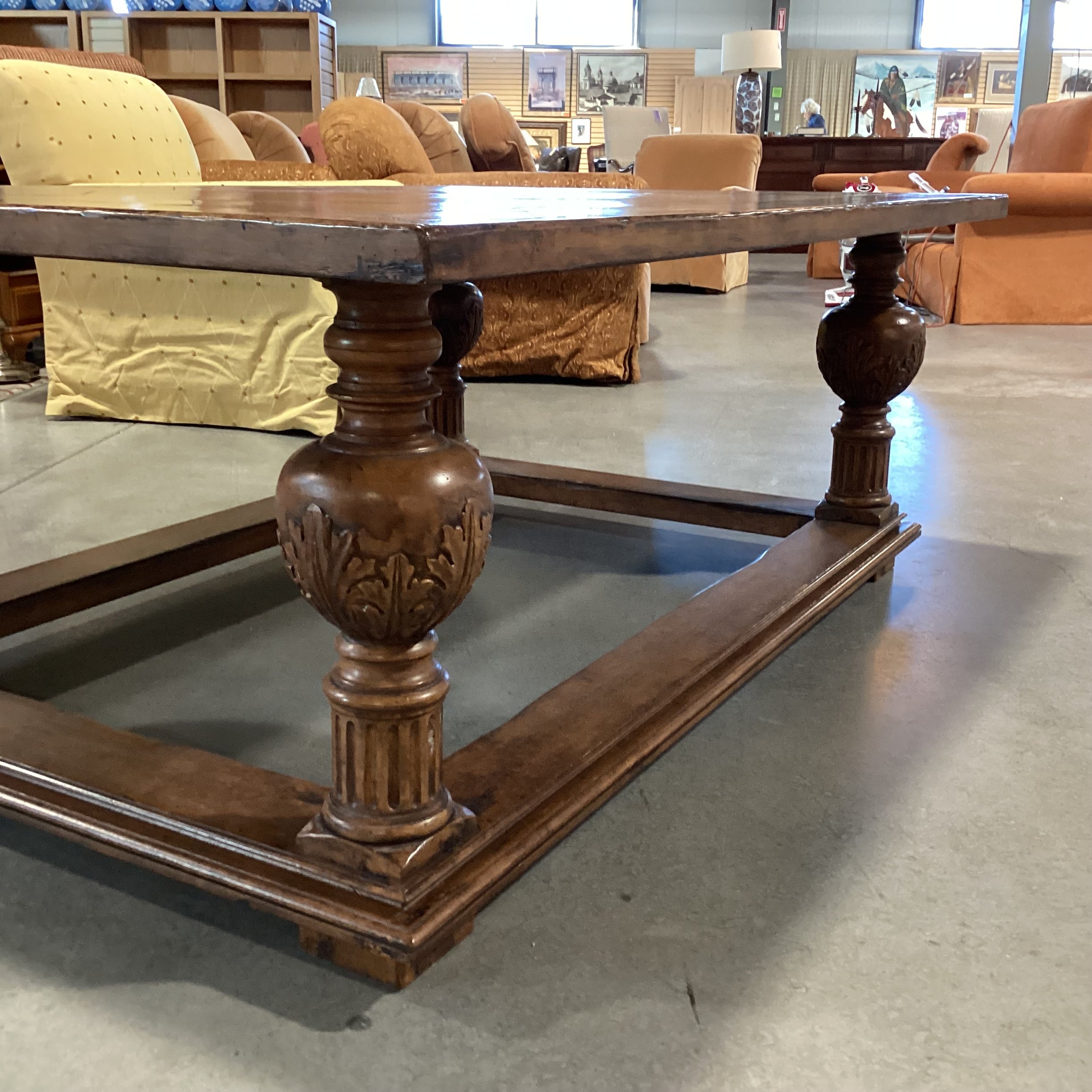 Solid Distressed Finish Wood with Ornate Carved Legs & Top Diamond Detail Coffee Table 63"x 45"x 24"